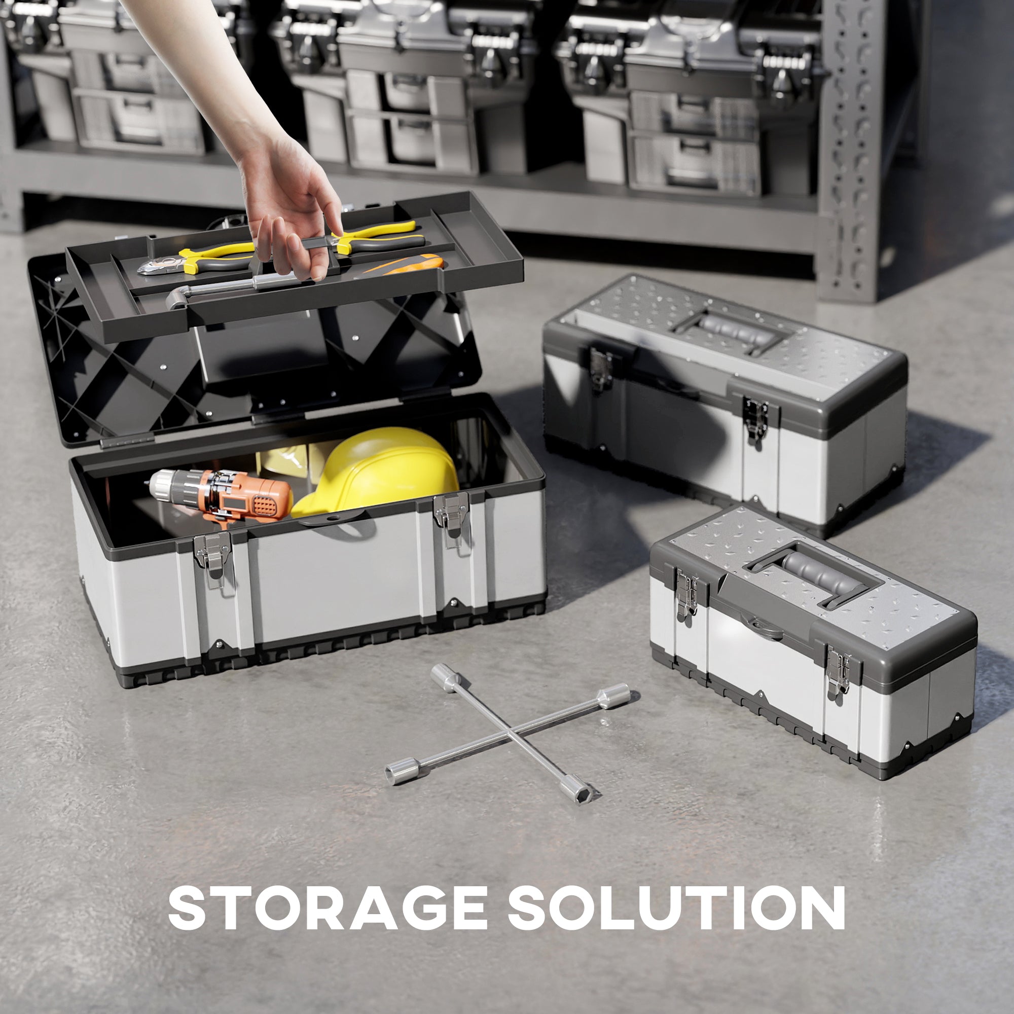 HOMCOM 3 Pieces Stainless Steel Toolbox Set, 23"/ 19"/ 16"