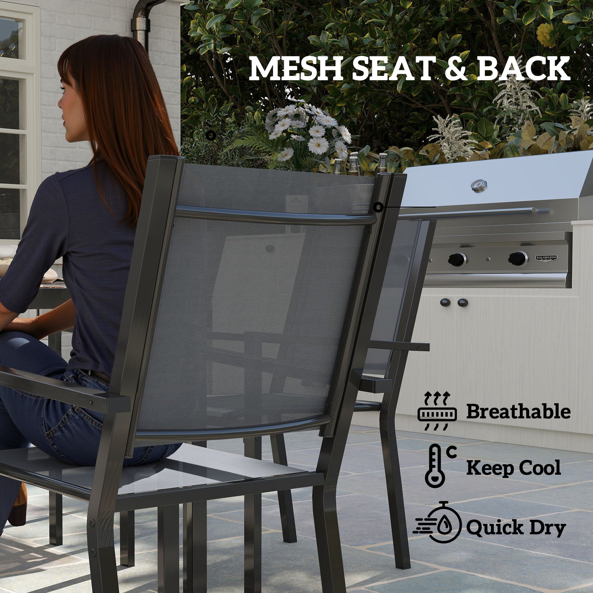 Outsunny 7 Piece Garden Dining Set, Outdoor Furniture Set with 6 Stackable Chairs and 150 cm Rectangle Table, WPC Slatted Top, Rust-Resistant Steel Frame, for Garden, Porch, Terrace