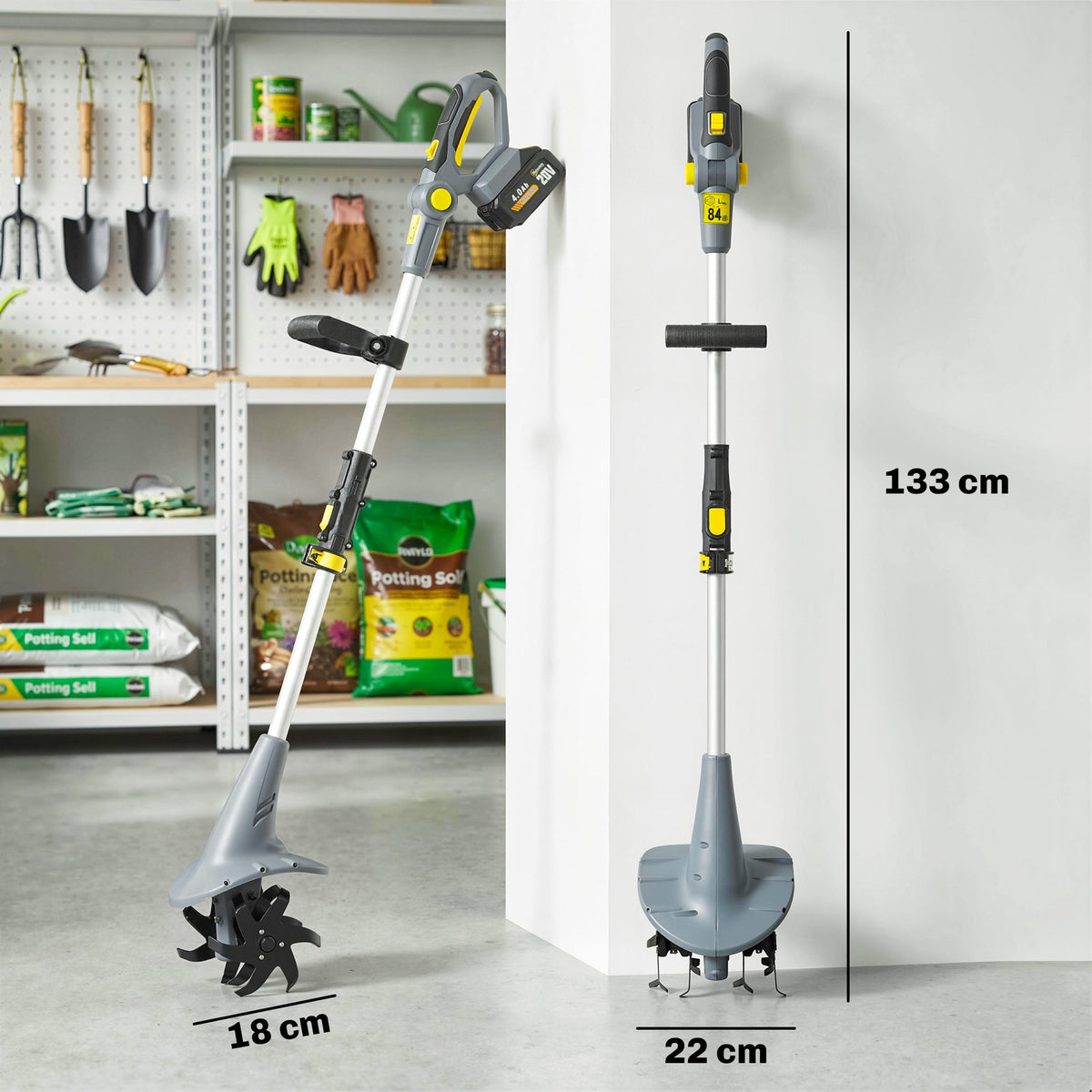 Outsunny Cordless Tiller, 18V Electric Garden Rotavator with 2 x 4000mAh Batteries, Charger, 20cm Tilling Width & 18cm Depth