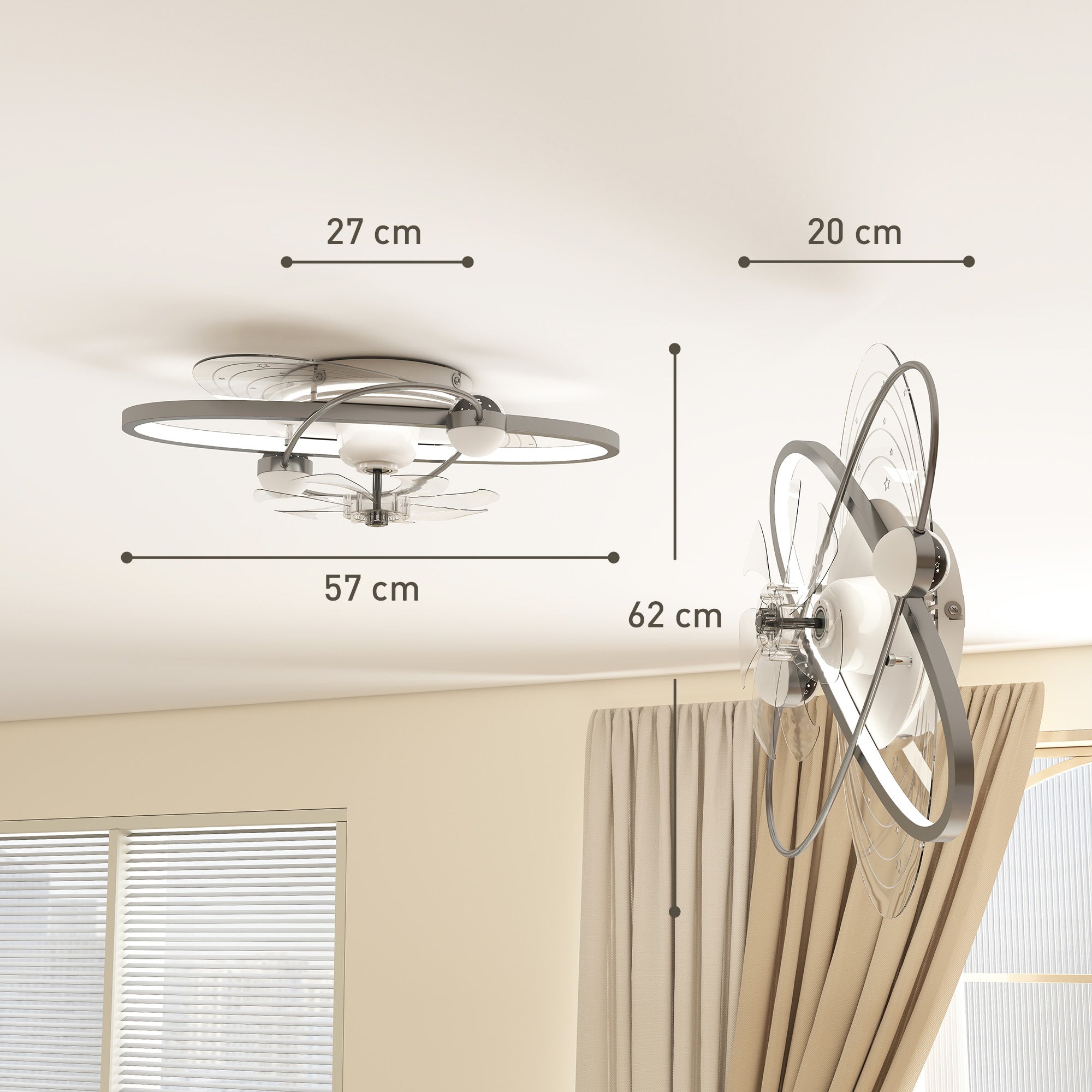 HOMCOM Ceiling Fan with Light and Remote, 3 Colour Temperatures, LED Mount Ceiling Fan Light for Bedroom, Silver Tone