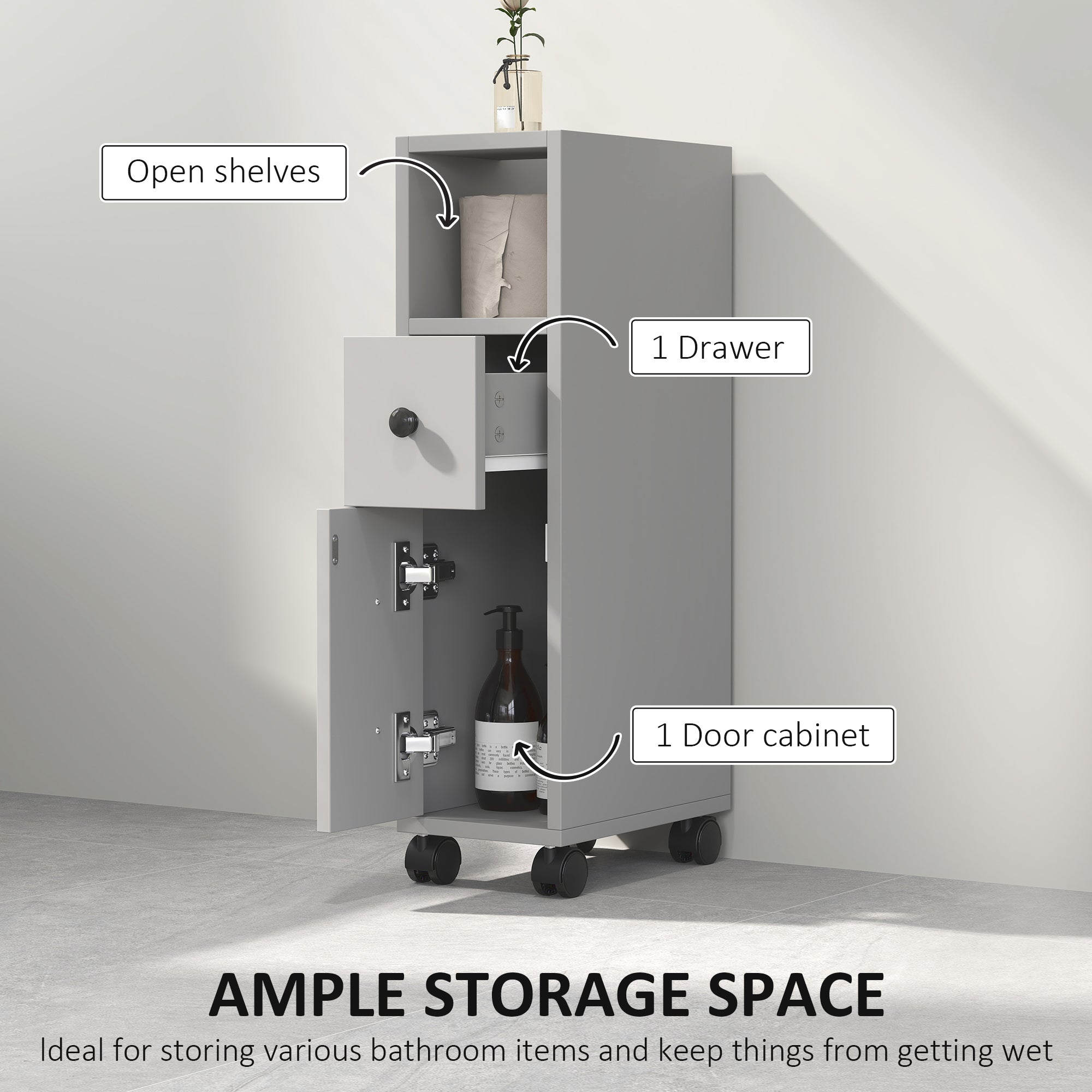 kleankin Slimline Bathroom Storage Cabinet - Grey