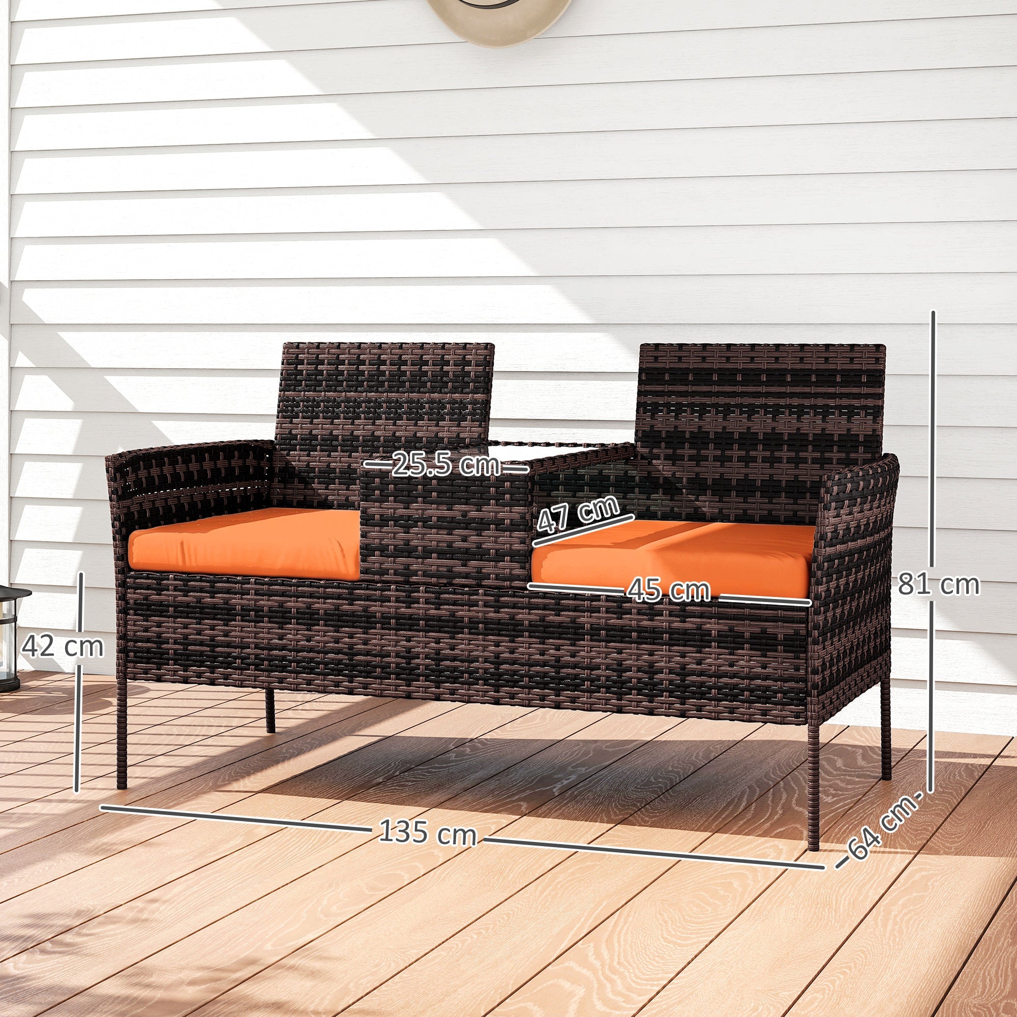 Outsunny Two-Seat Rattan Chair, with Middle Table - Orange