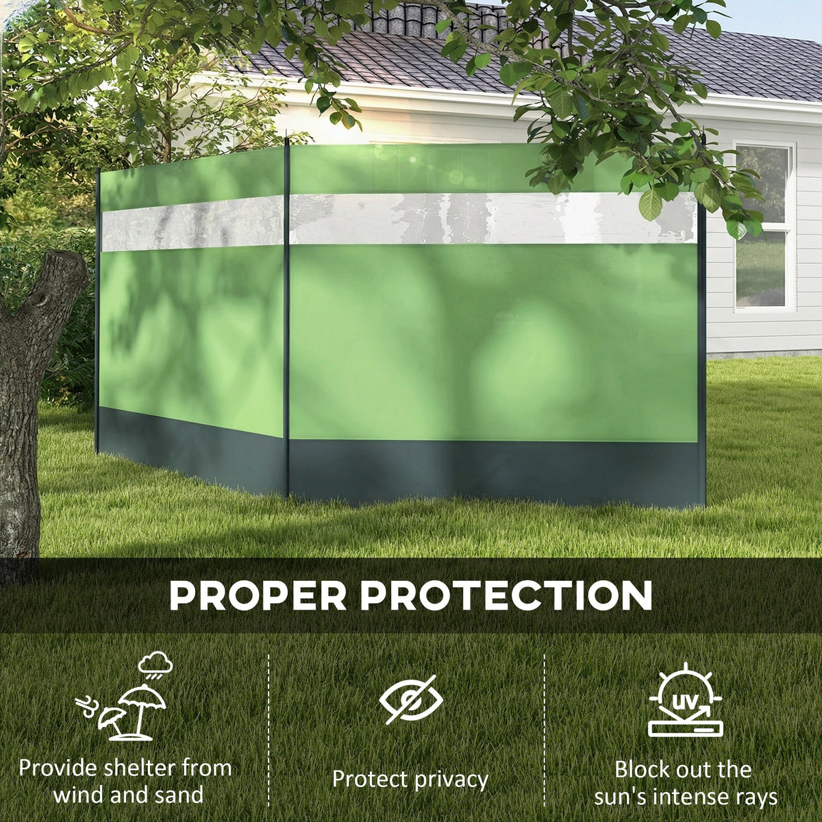 Outsunny Camping Windbreaker with Clear Windows and Steel Poles, for Beach Caravan Campervan, 440 x 140cm, Army Green