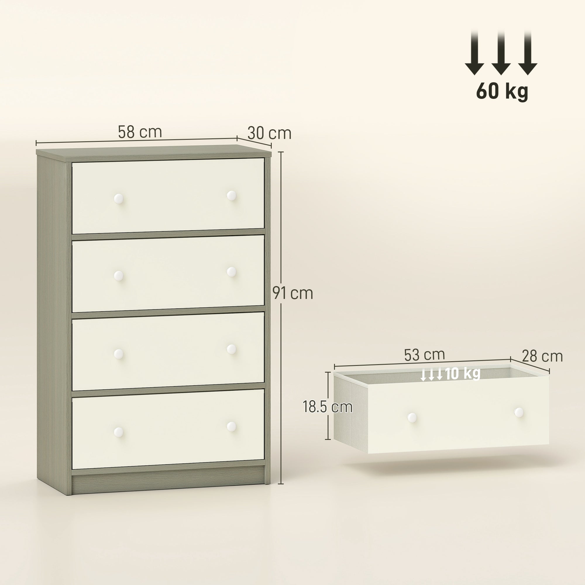 HOMCOM Chest of Drawers, Dresser with 4 Fabric Drawers - White and Grey