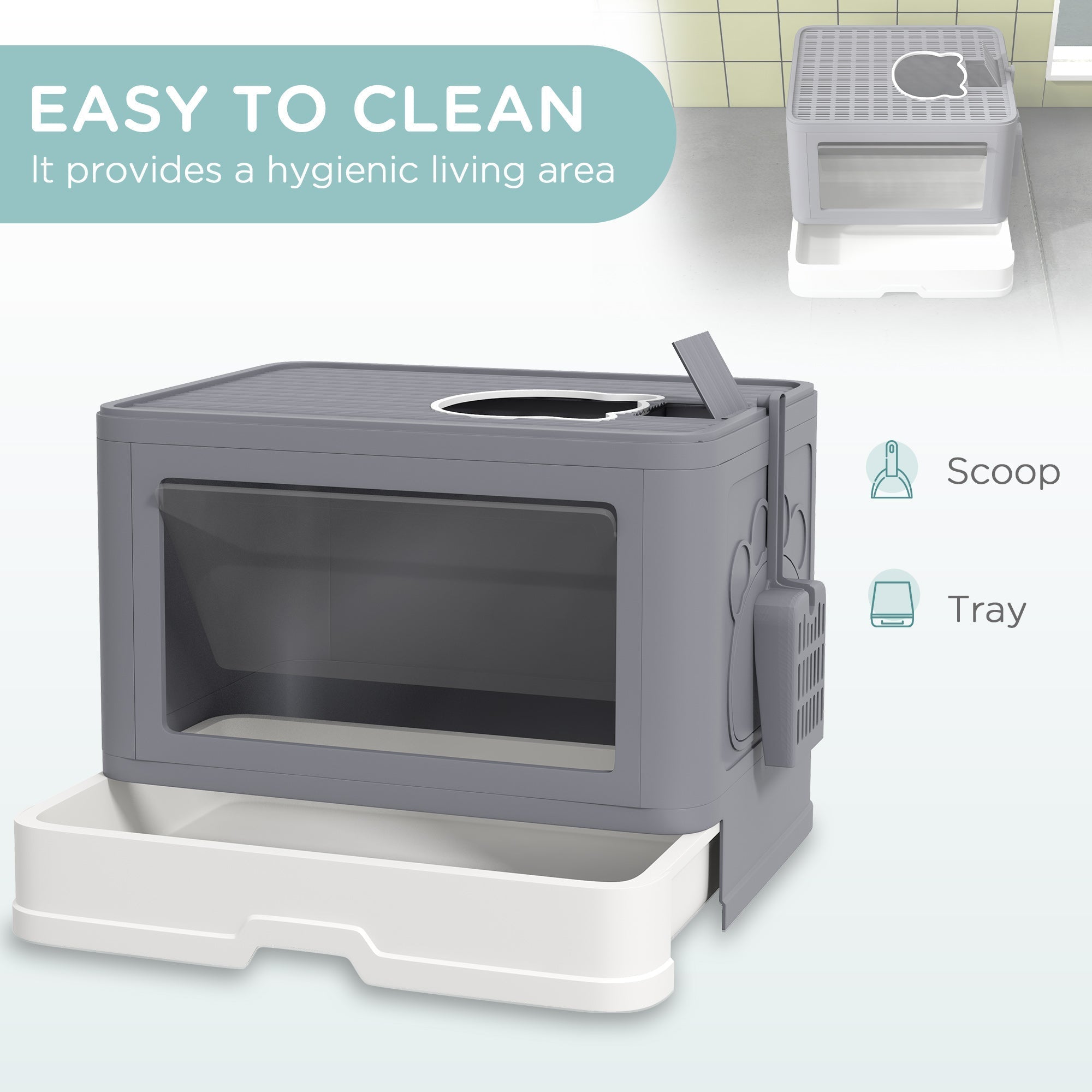 PawHut Enclosed Cat Litter Box with lid, Front Entry, Top Exit, Drawer, Tray, Scoop, Brush, 48.5 x 38 x 36.5cm - Grey