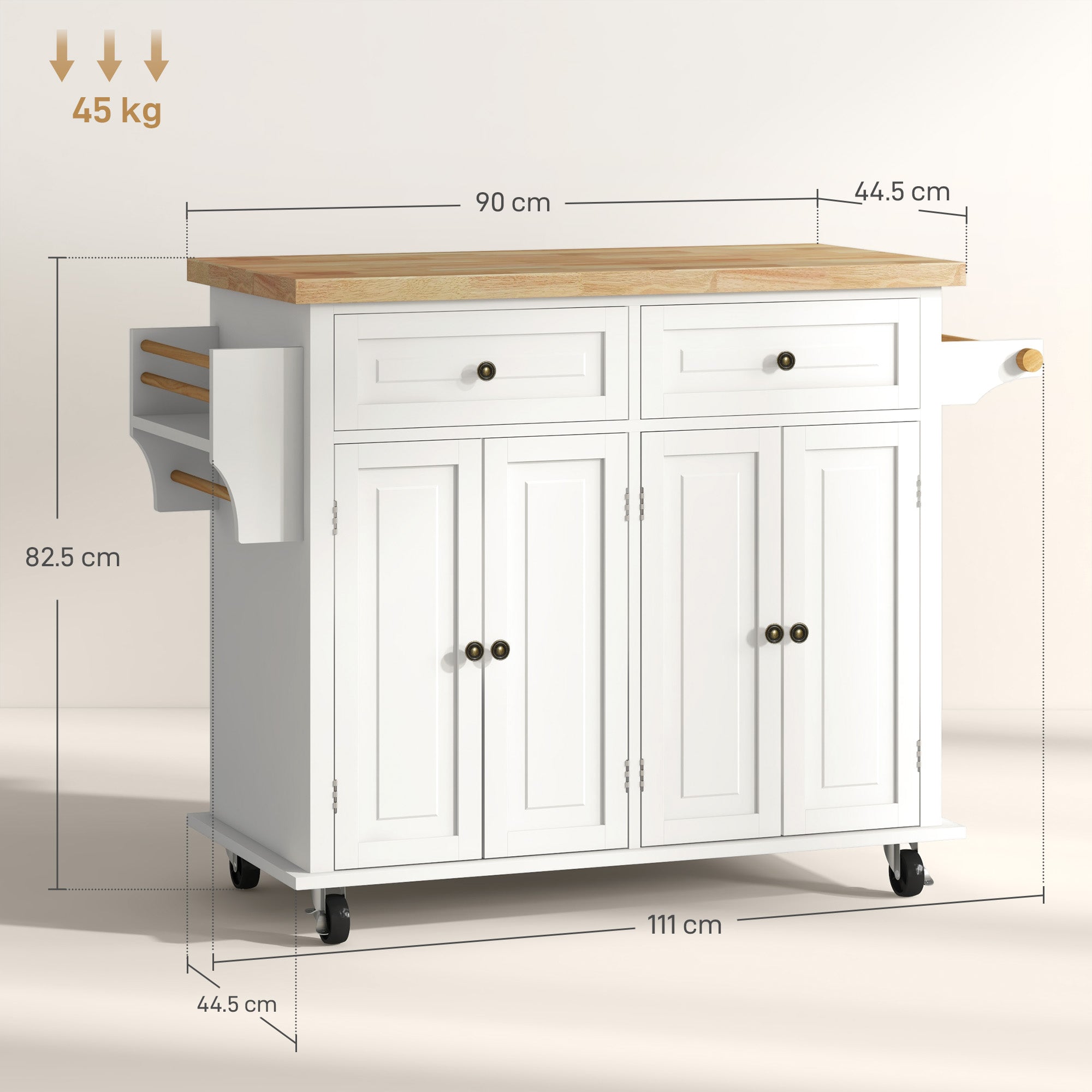 HOMCOM Rolling Kitchen Island Storage Trolley with Rubber Wood Top & Drawers for Dining Room, Cream White