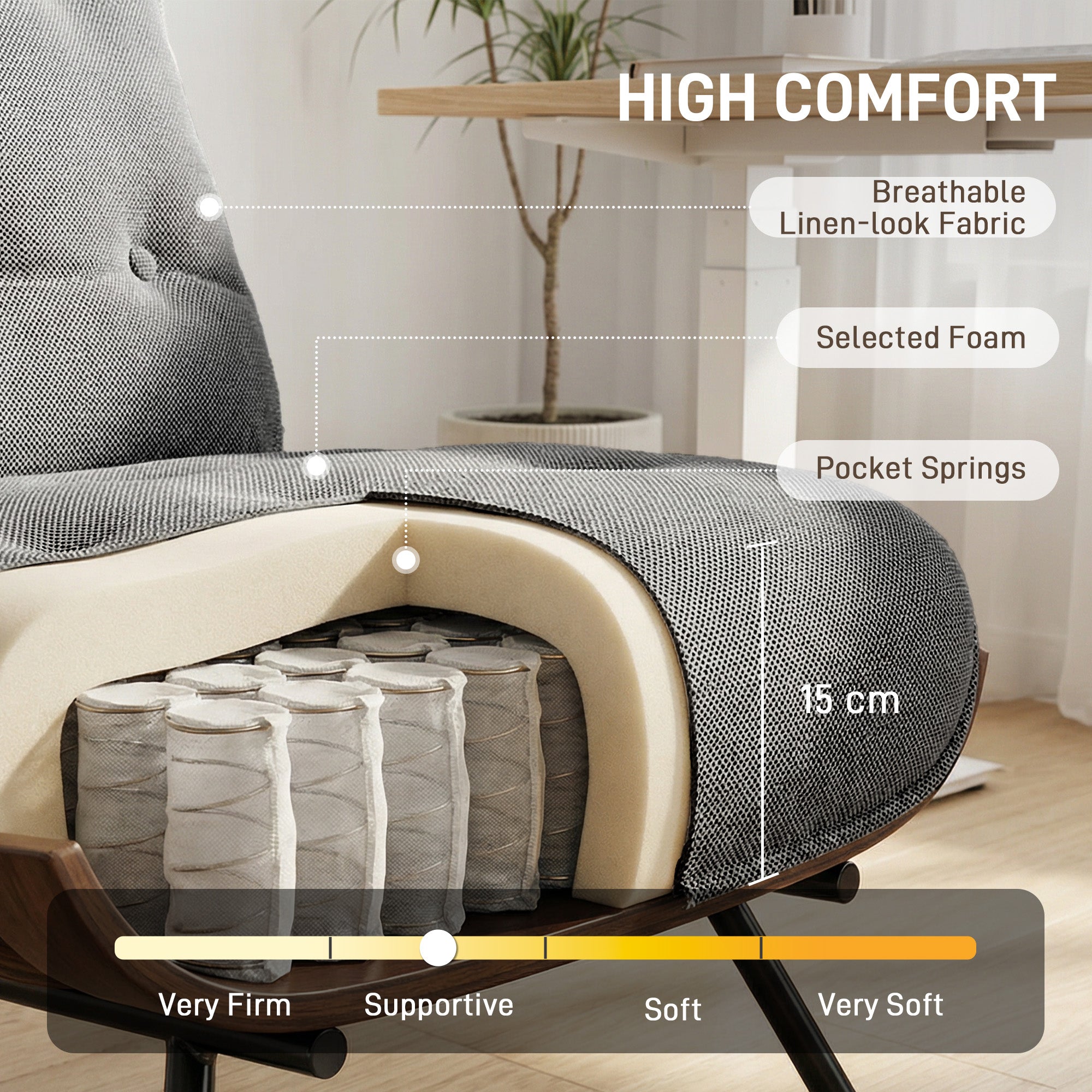 HOMCOM Accent Chair, Linen-look Fabric Reading Chair with Spring Cushion, Slatted Support, Steel Frame, Dark Grey