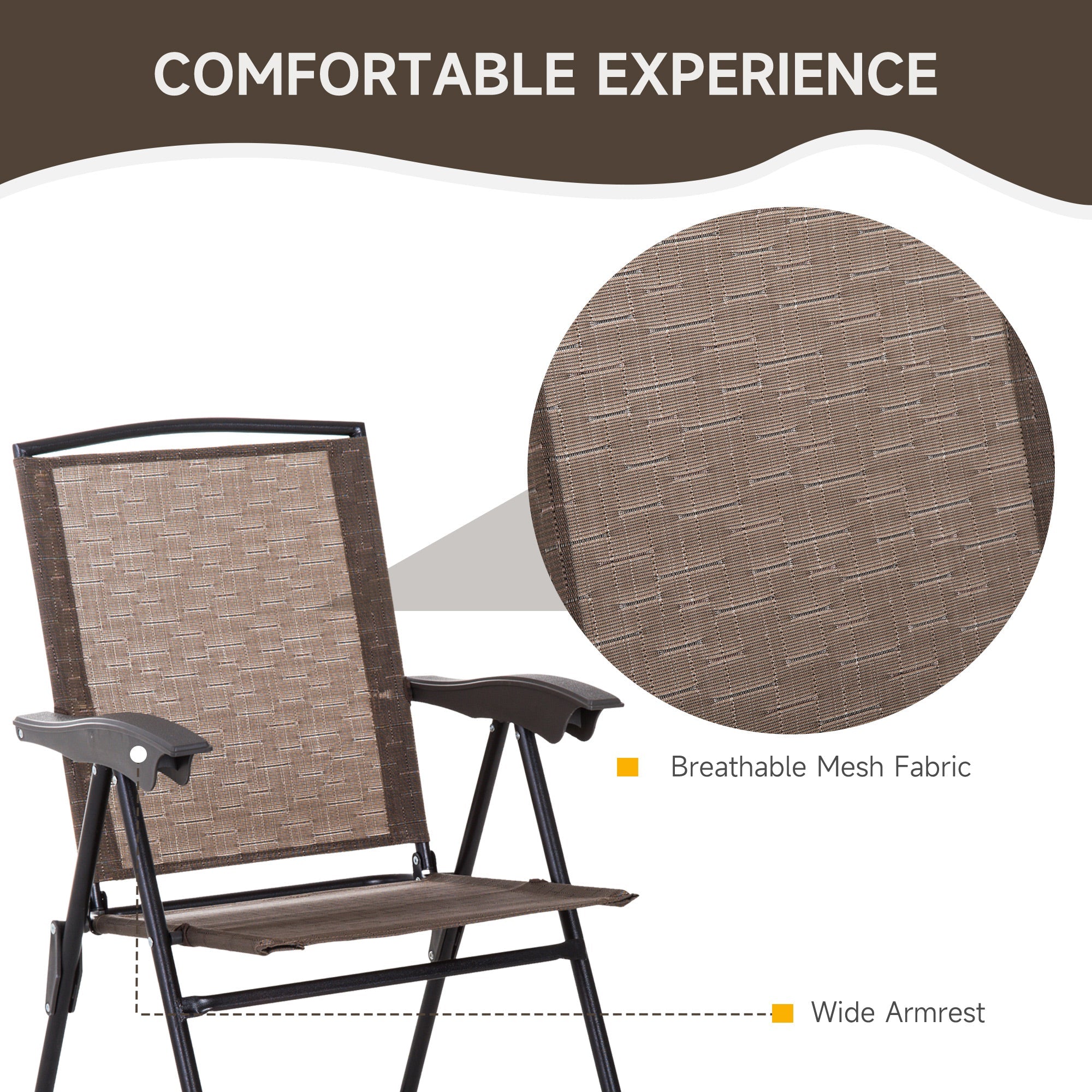 Outsunny 3 Piece Outdoor Bistro Set, Patio Conversation Furniture Set with 2 Folding Backrest Adjustable Armchairs and Glass Top Coffee Table, Brown