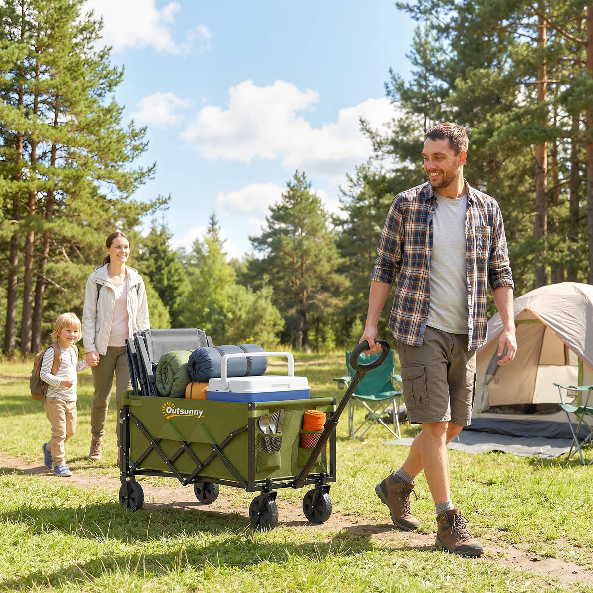 Outsunny 60L Foldable Festival Trolley on Wheels, Collapsible Wagon Cart with Drop-Down Tailgate, Adjustable Handle, Green