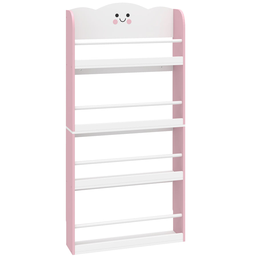 AIYAPLAY 4 Tier Kids Bookshelf, Wall-Mounted Children Bookcase, Toddler Space-Saving Bookcase for Kids Room, Playroom, Pink