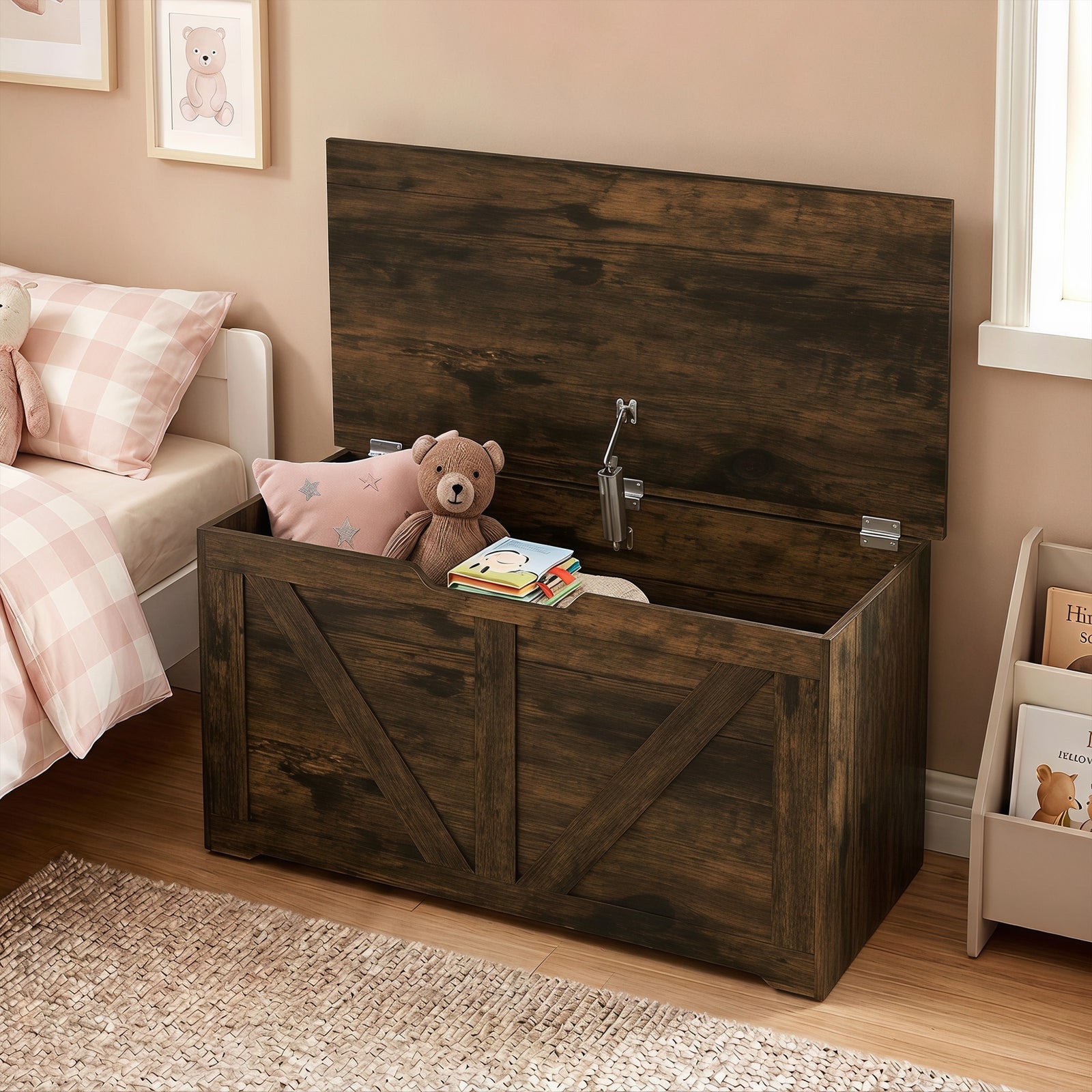 HOMCOM 100L Home Storage Box, with Safety Hinge - Rustic Brown Wood-Effect