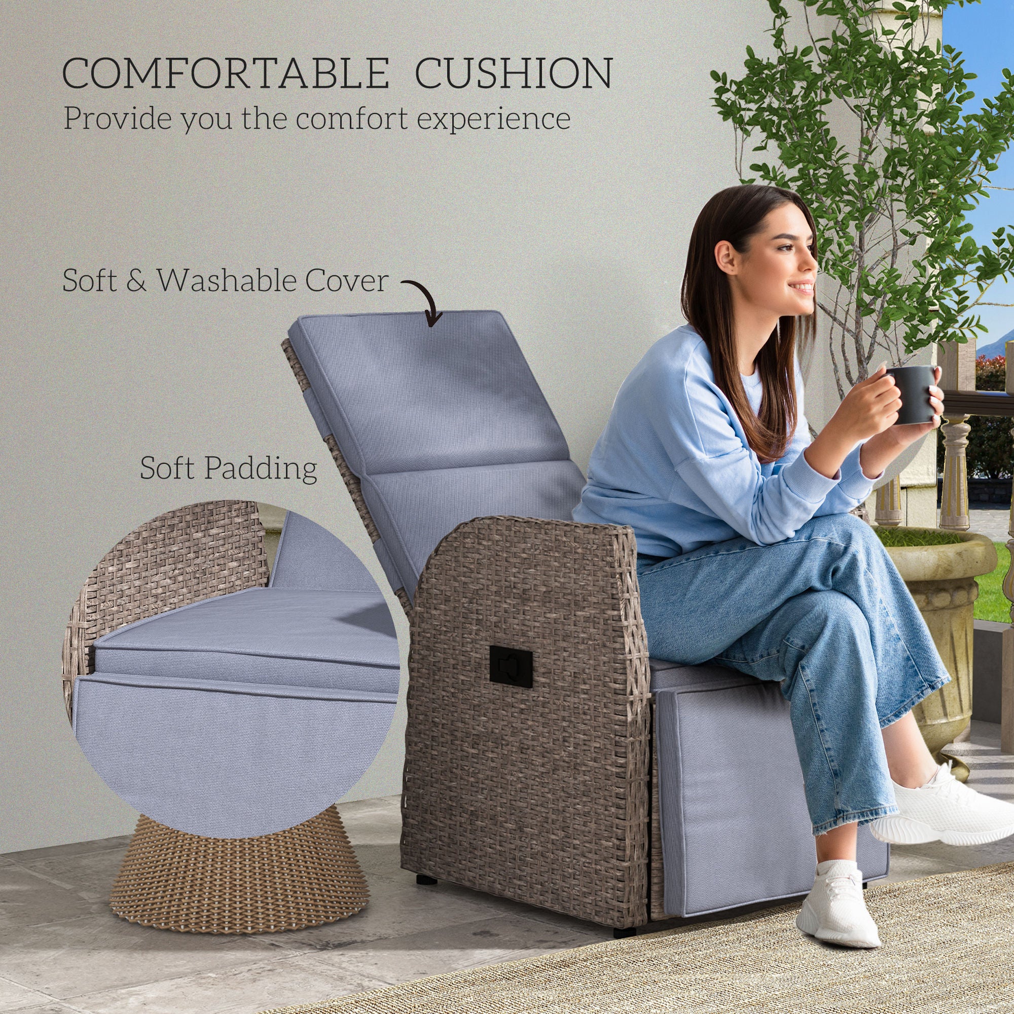 Outsunny 148√Ç¬∞ Reclining Rattan Garden Armchair, with Footrest - Brown/Grey