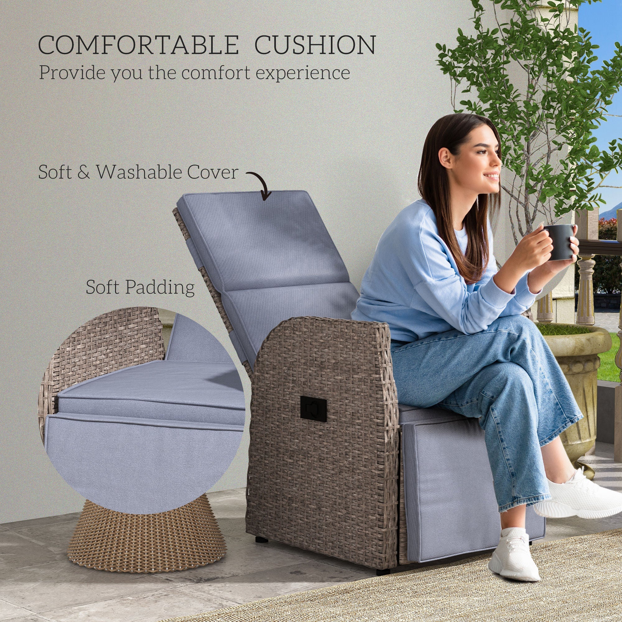 Outsunny 148Â° Reclining Rattan Garden Armchair, with Footrest - Brown/Grey