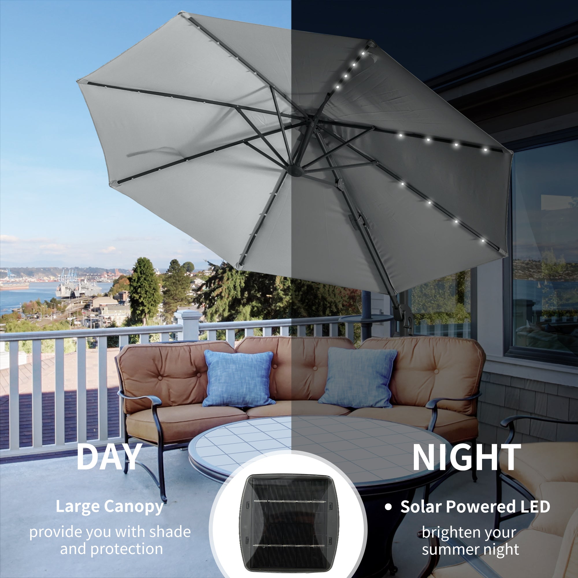 Outsunny 3(m) LED Cantilever Parasol Garden Sun Umbrella w/ Cross Base and Solar Lights Grey