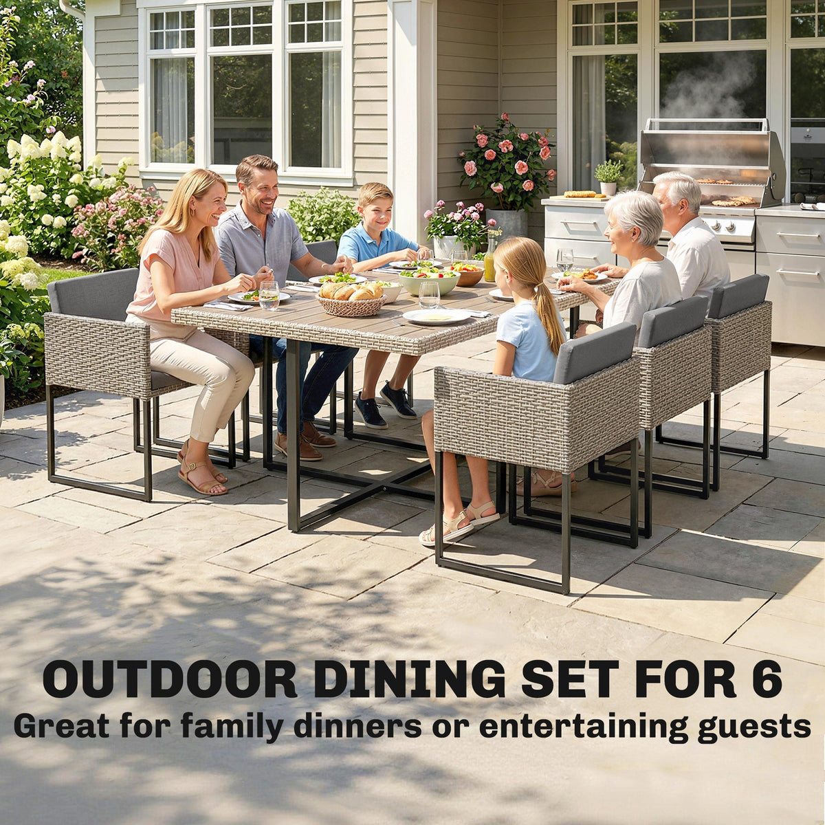 Outsunny 7 Piece Rattan Garden Furniture Set, Garden Dining Set with Wood-Plastic Table and 6 Stackable Chairs, Light Grey