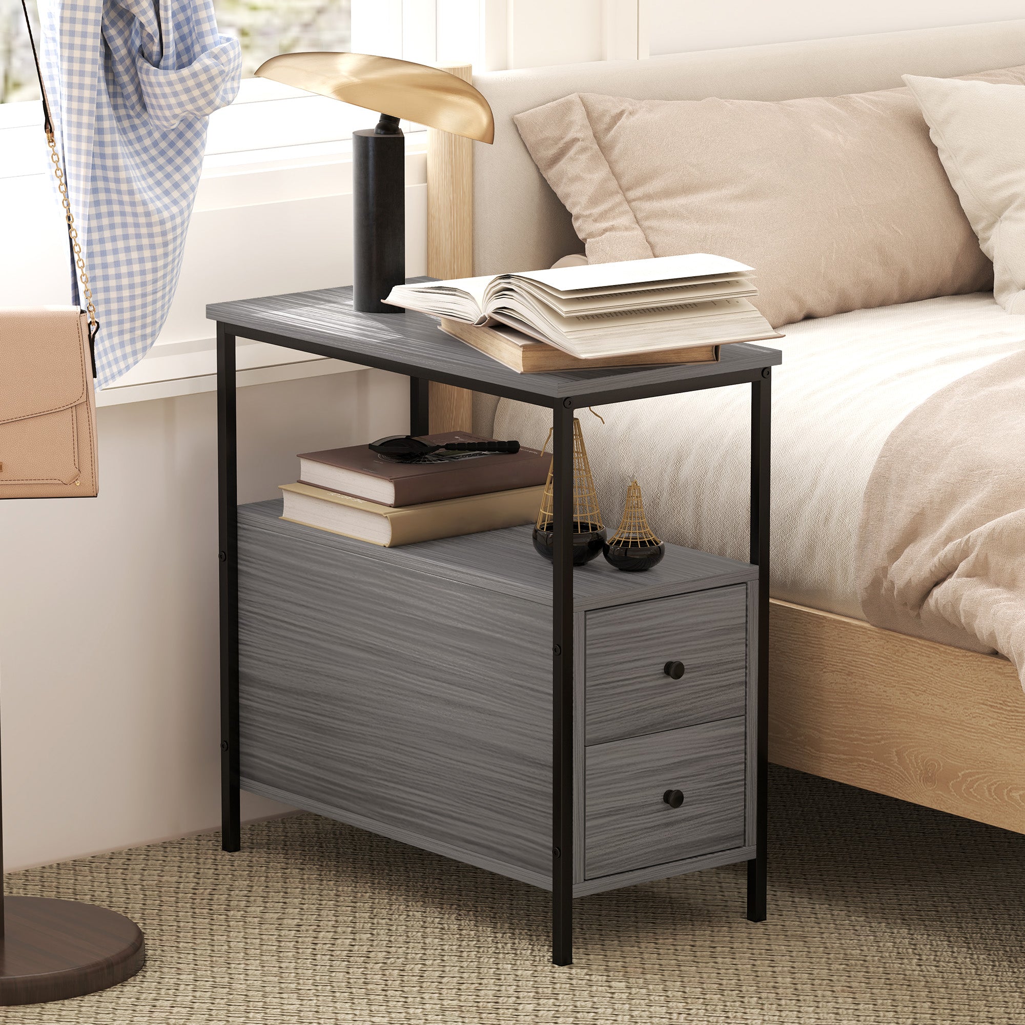 HOMCOM Side Table, Narrow Bedside Table with 2 Drawers and Storage Shelf, Industrial End Table with Metal Frame for Small Spaces, Grey Wood Grain