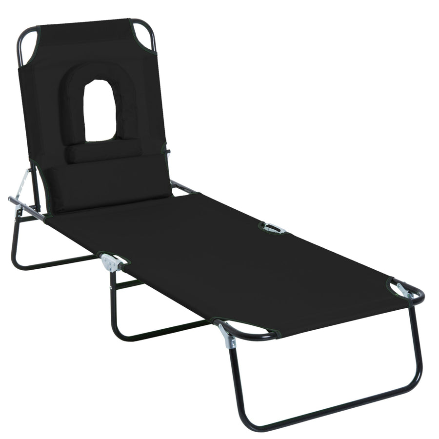 Outsunny Outdoor Folding Sun Lounger with Face Hole, 4 Level Adjustable Backrest Reclining Garden Lounger, Garden Recliner Sunbed with 600 D Oxford Cloth Seat and Pillow for Beach, Black