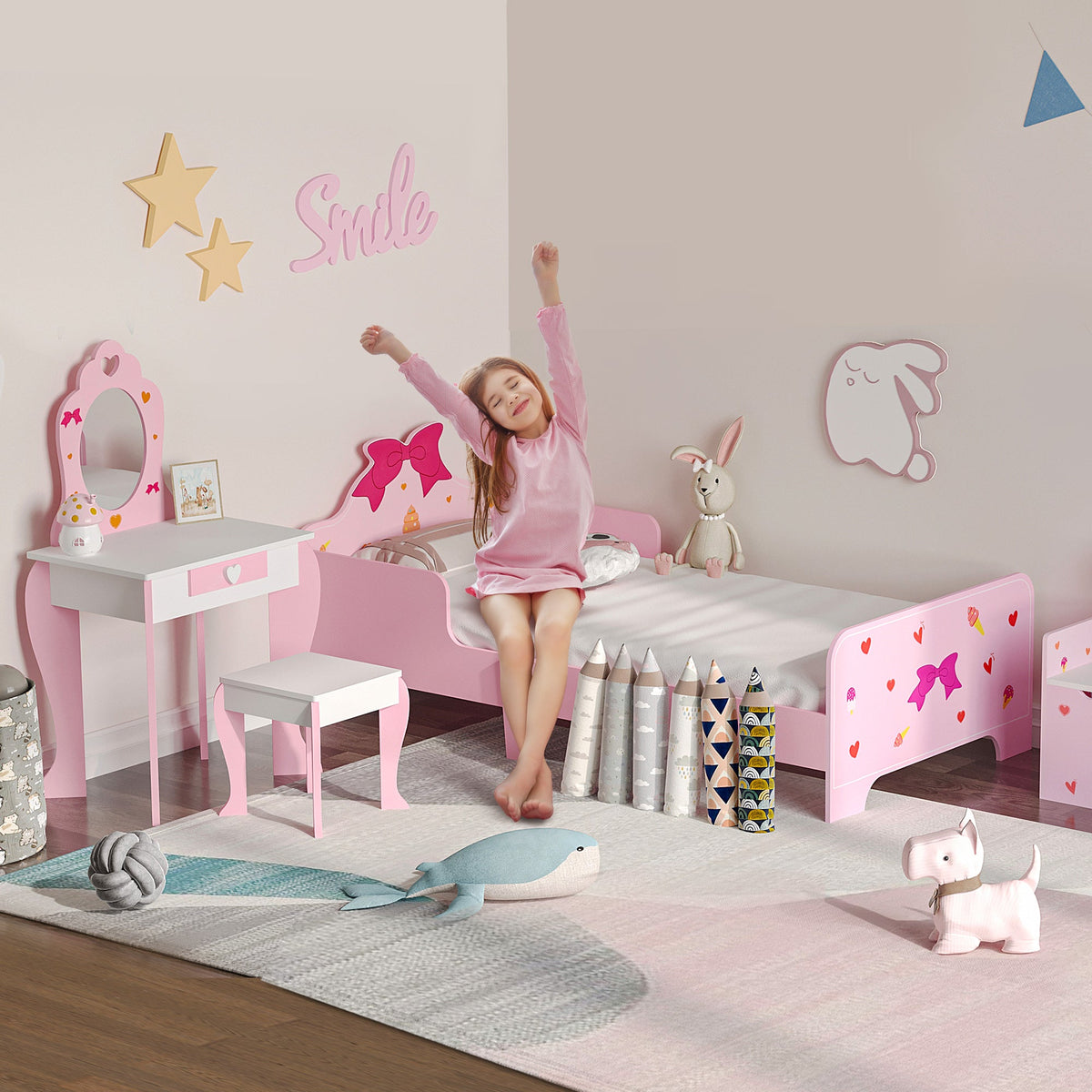 ZONEKIZ 3PCs Kids Bedroom Furniture Set with Bed, Dressing Table and Stool, Princess Themed, for 3-6 Years Old, Pink