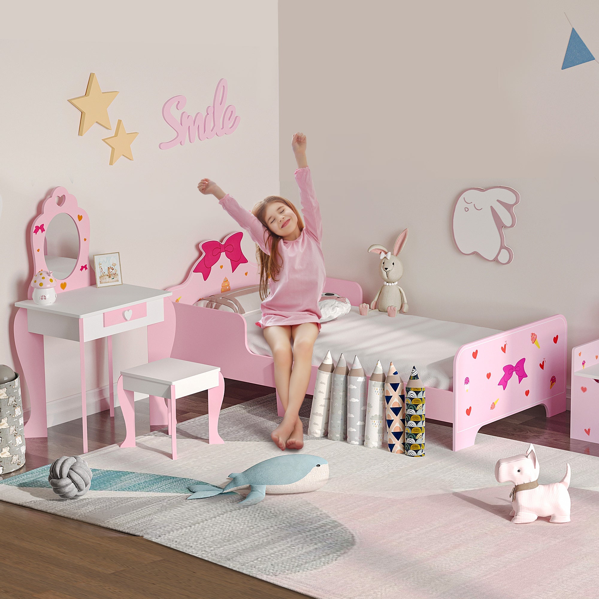 ZONEKIZ 3PCs Kids Bedroom Furniture Set with Bed, Dressing Table and Stool, Princess Themed, for 3-6 Years Old, Pink