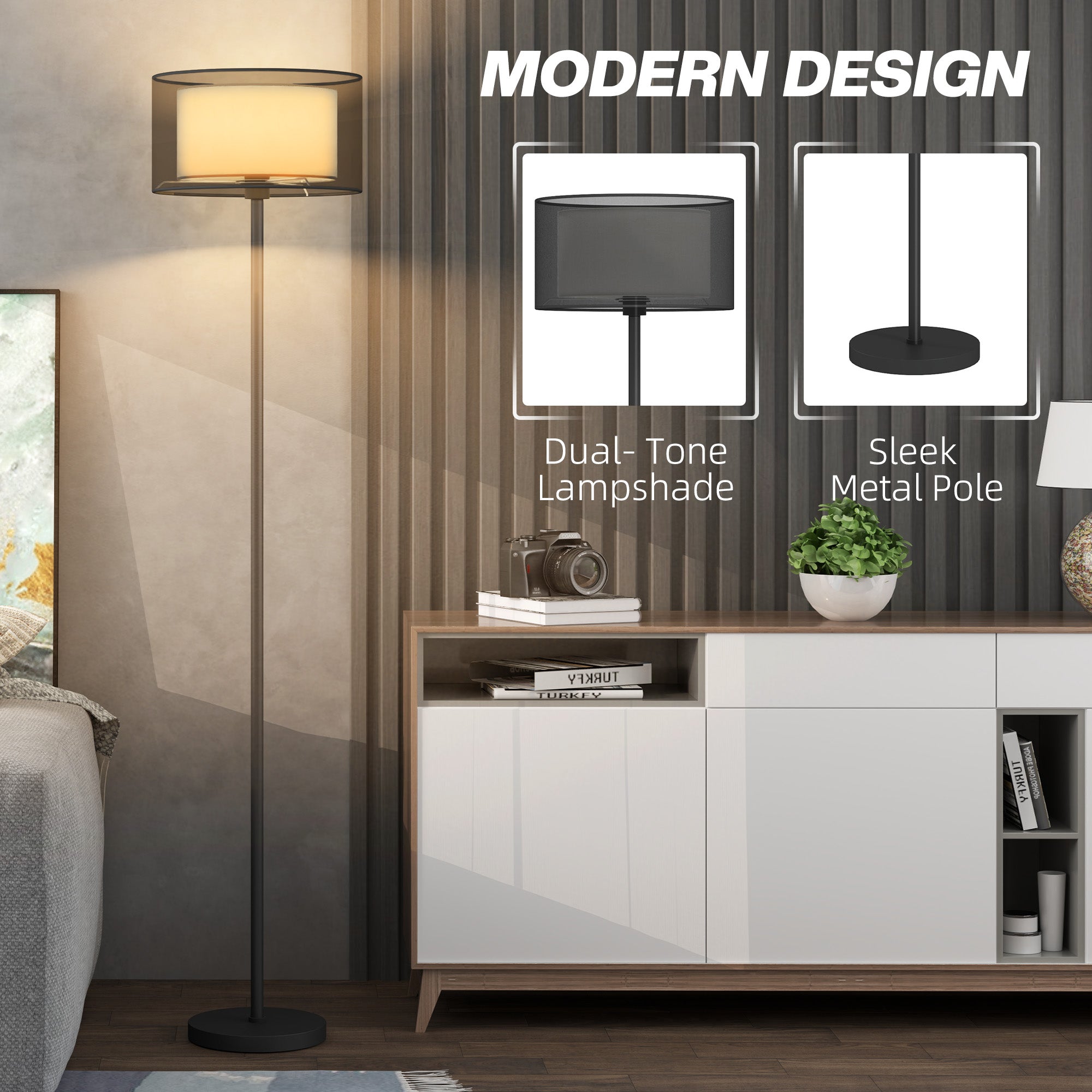 HOMCOM Floor Lamp for Living Room, Modern Standing Lamp with Double Layer Shade & Foot Switch, Minimalist Tall Pole Lampshade for Bedroom, Office, Black