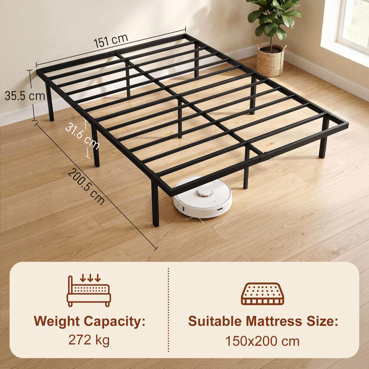HOMCOM 5ft King Bed Frame with Underbed Storage, Metal Platform Bed Frame with Steel Slat Support, No Box Spring Needed