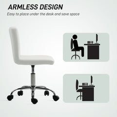 HOMCOM PU Leather Armless Office Chair, Modern Vanity Computer Swivel Chair with Rolling Wheels and Adjustable Height for Home Study, Bedroom, White