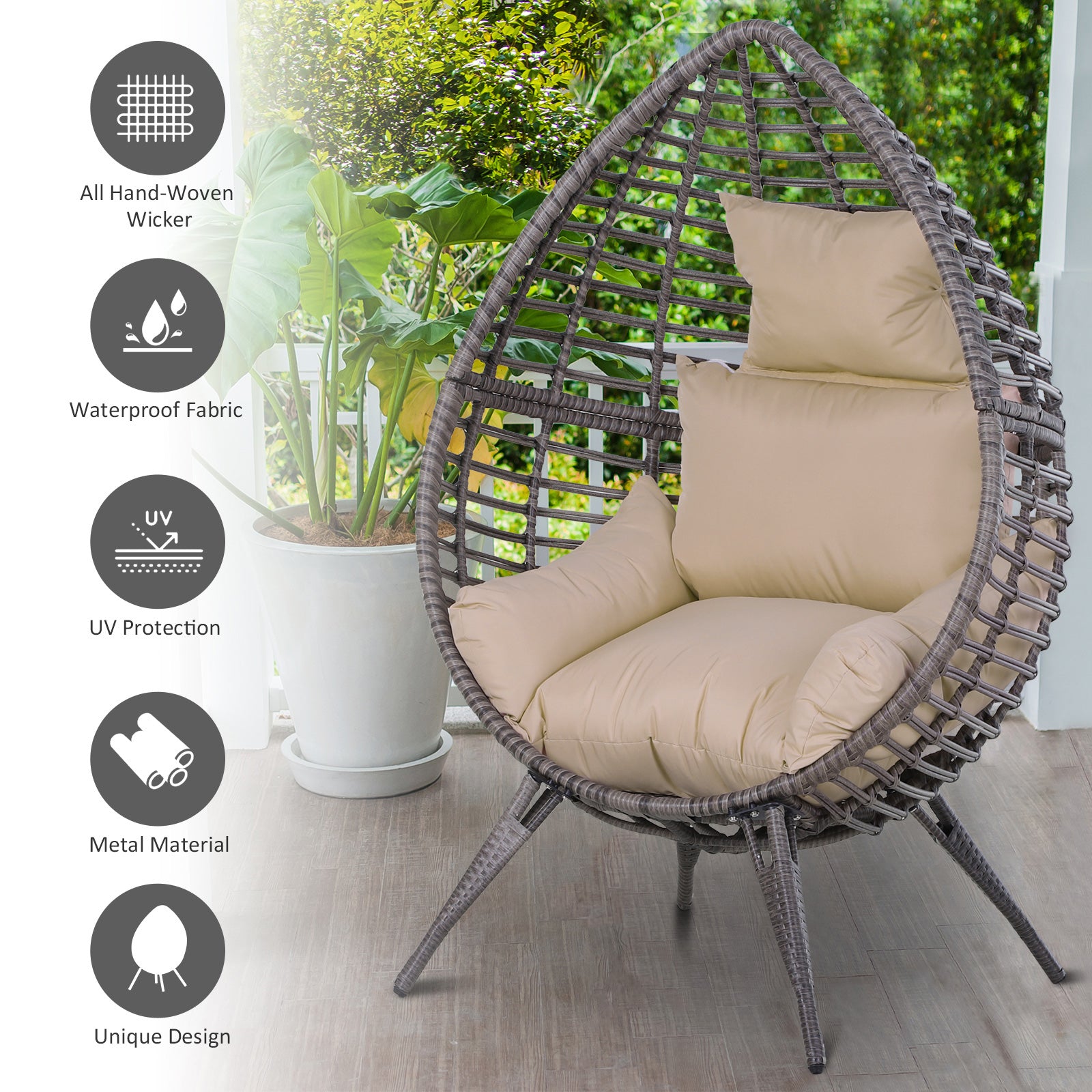 Outsunny Garden Egg Chair, Teardrop Outdoor PE Rattan Chair with Full-body Soft Padded Cushion, Grey