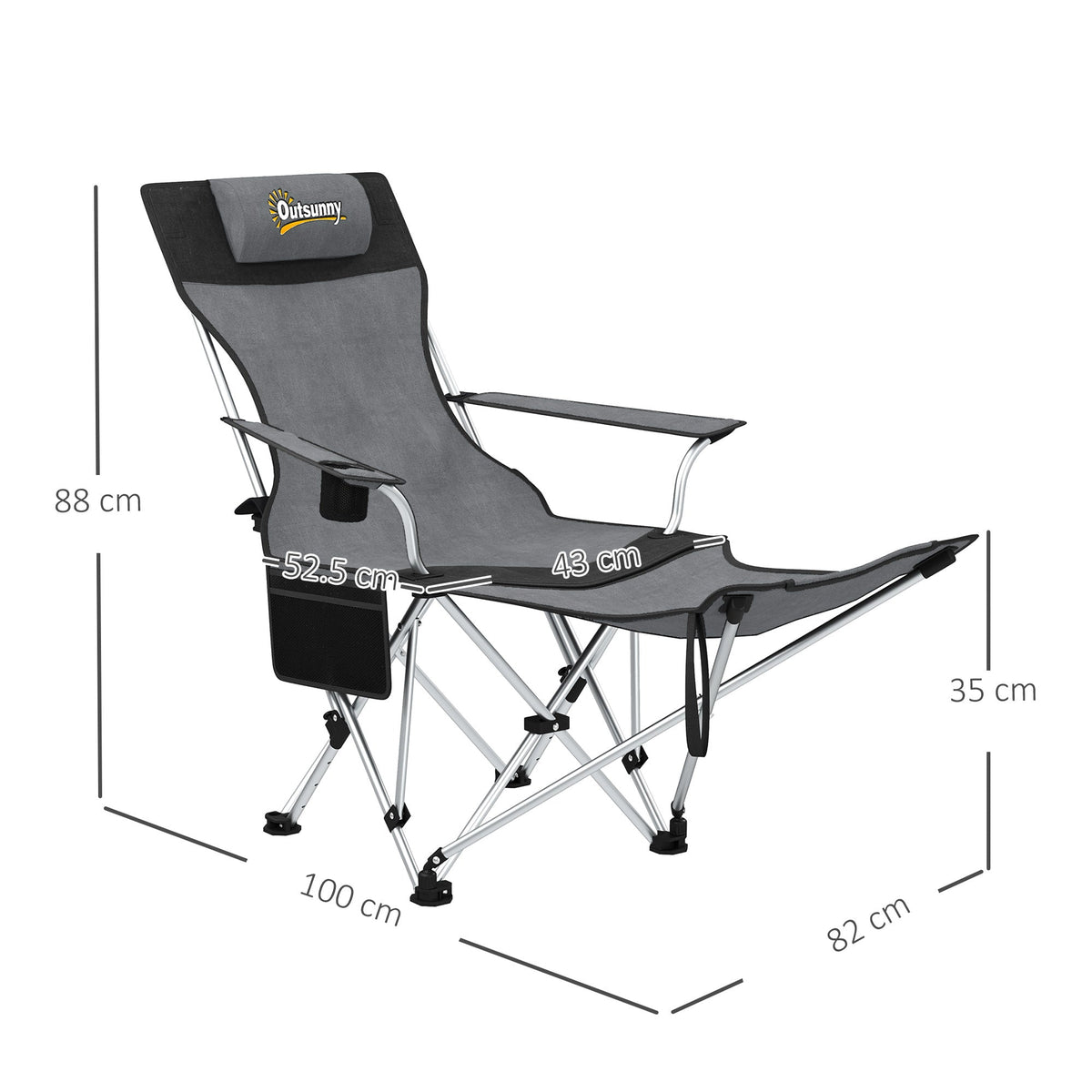Outsunny Set of 2 Reclining Folding Camping Chair w/ Detachable Footrest, Storage Bag, Cup Holder & Headrest, Lightweight