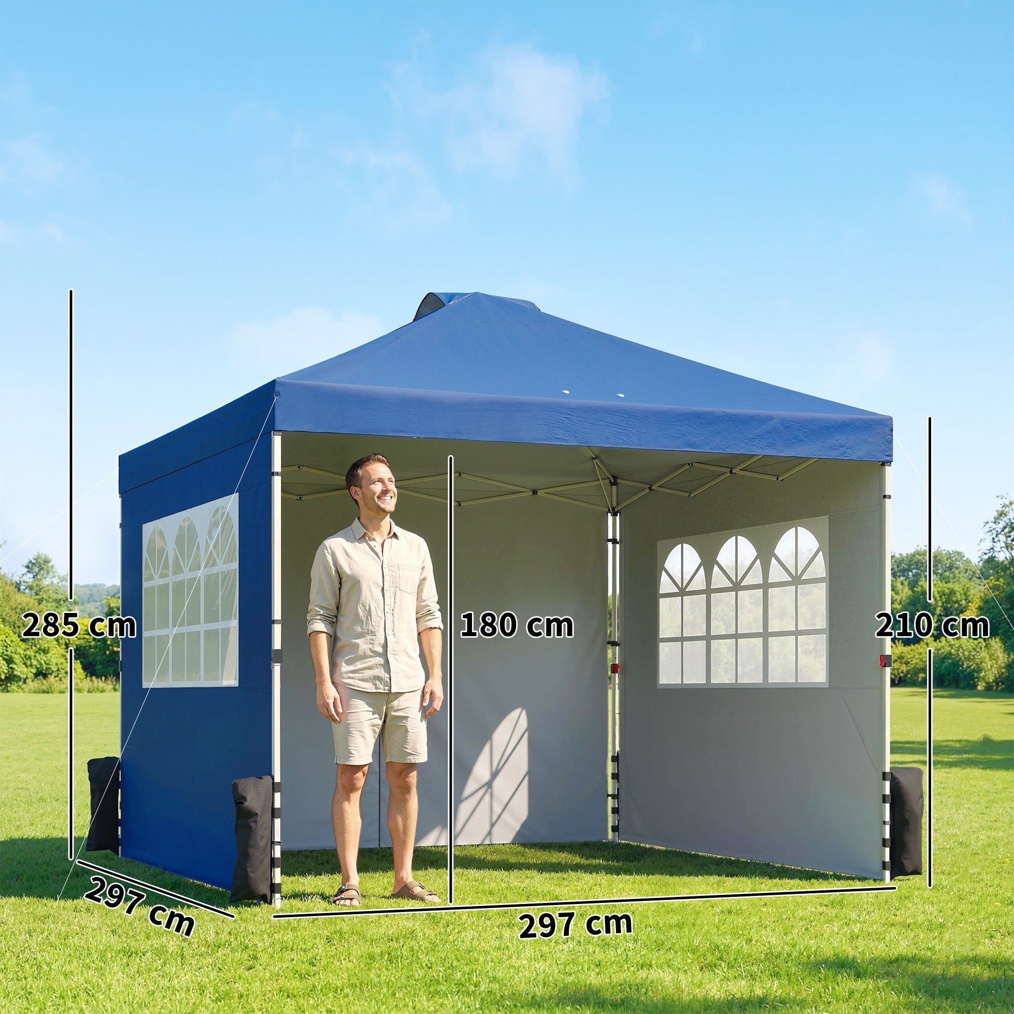 Outsunny Pop Up Gazebo Waterproof Height Adjustable Canopy with 3 Sidewalls Wheeled Bag for Parties 3 x 3 m Dark Blue