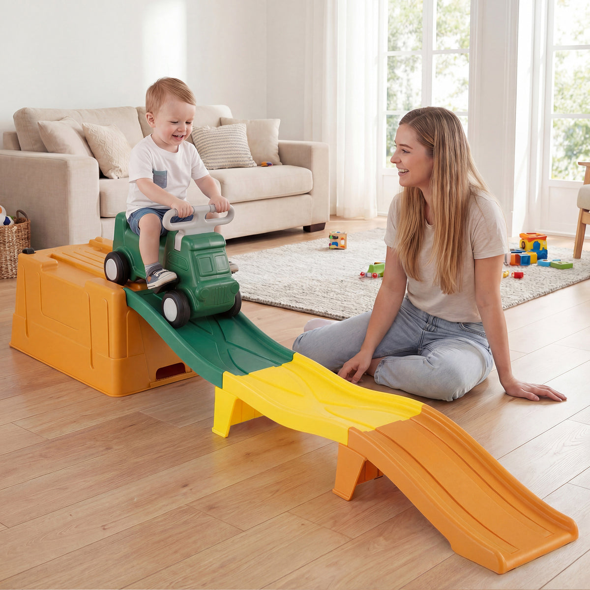 Up and Down Roller Coaster Expandable Roller Coaster Kids Ride on Toy with Storage Box-Coffee
