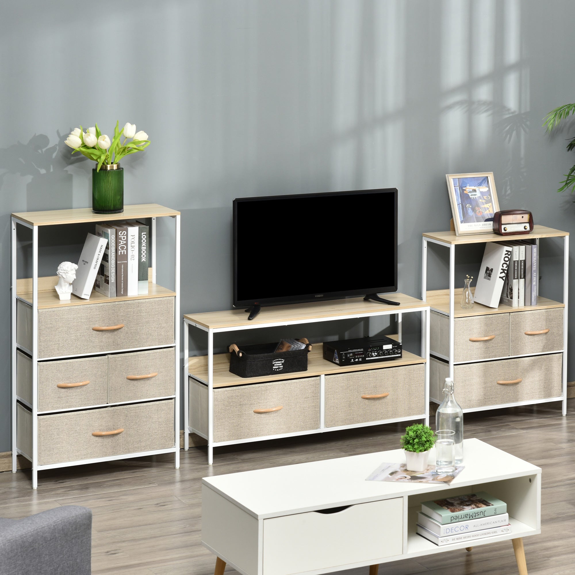 HOMCOM TV Stand Cabinet with 2 Foldable Drawers - Maple Colour