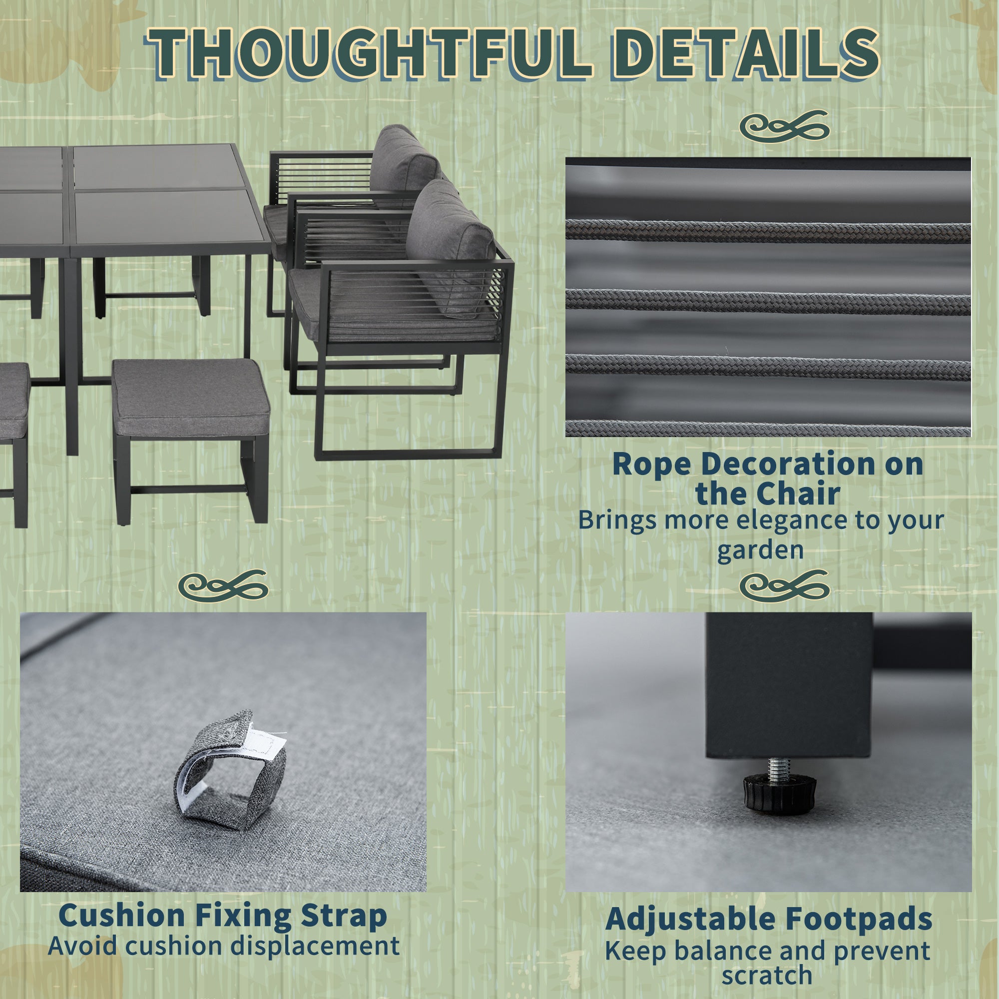 Outsunny Nine-Piece Aluminium Garden Set, with Glass-Top Table - Grey