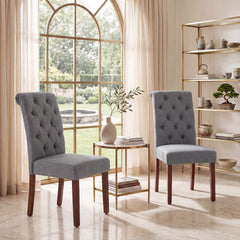 Upholstered Dining Chairs Set of 2 Button Tufted Chairs with Padded Seat and Backrest-Grey