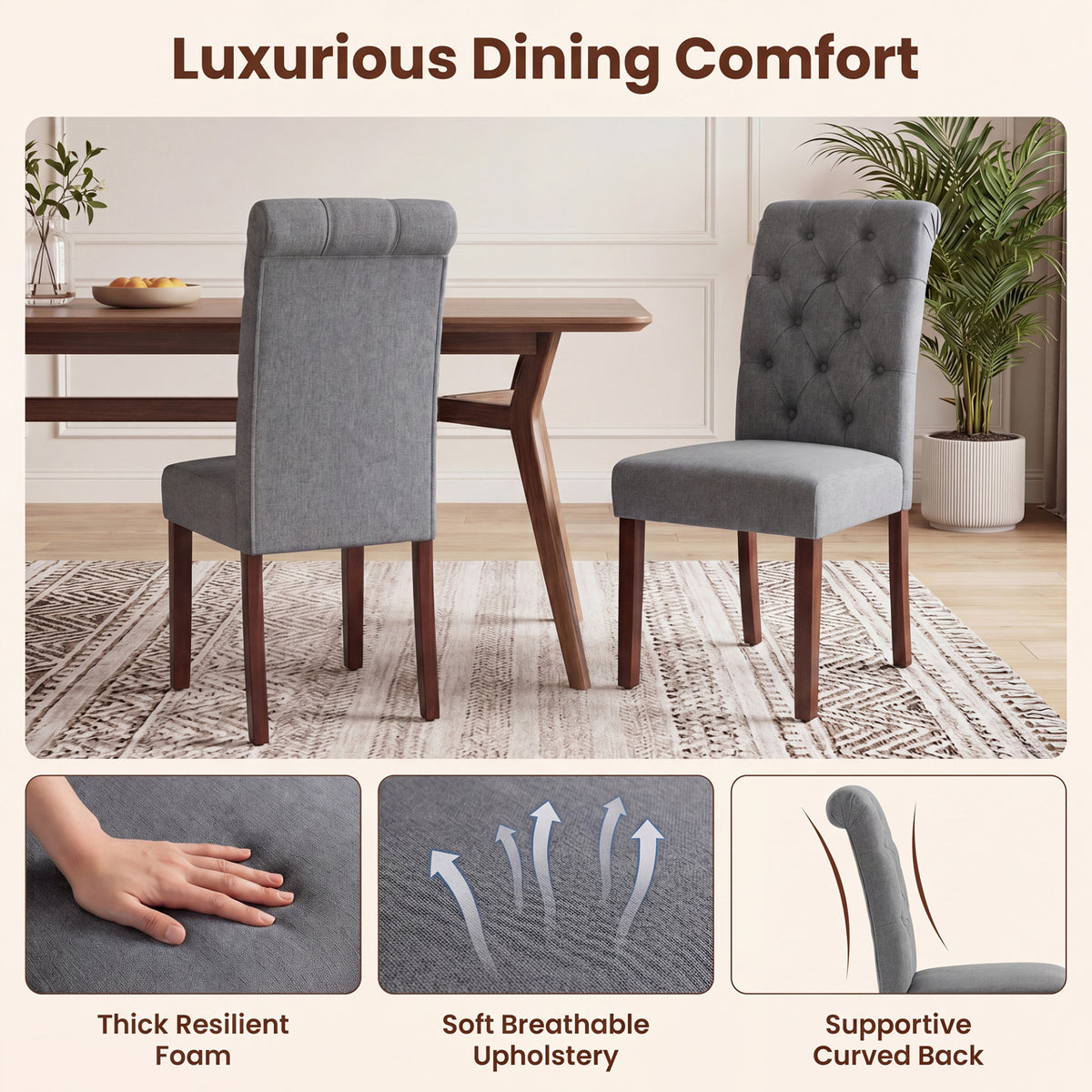 Upholstered Dining Chairs Set of 2 Button Tufted Chairs with Padded Seat and Backrest-Grey