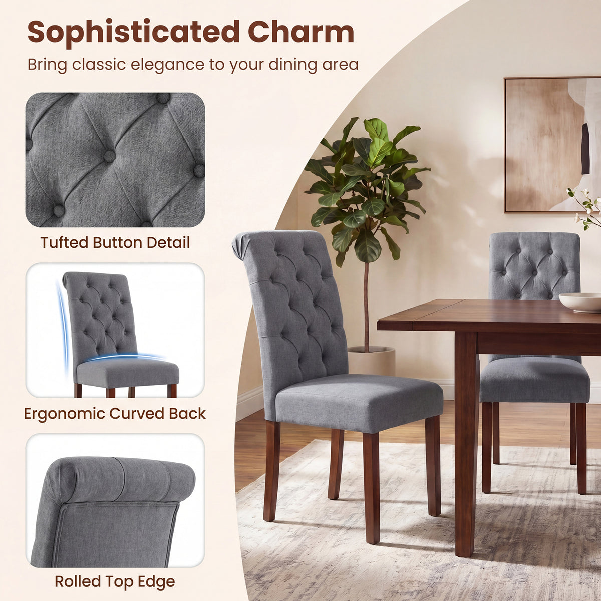 Upholstered Dining Chairs Set of 2 Button Tufted Chairs with Padded Seat and Backrest-Grey
