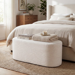 Upholstered Ottoman Bench 120CM Modern End of Bed Stool with Corduroy Fabric-White