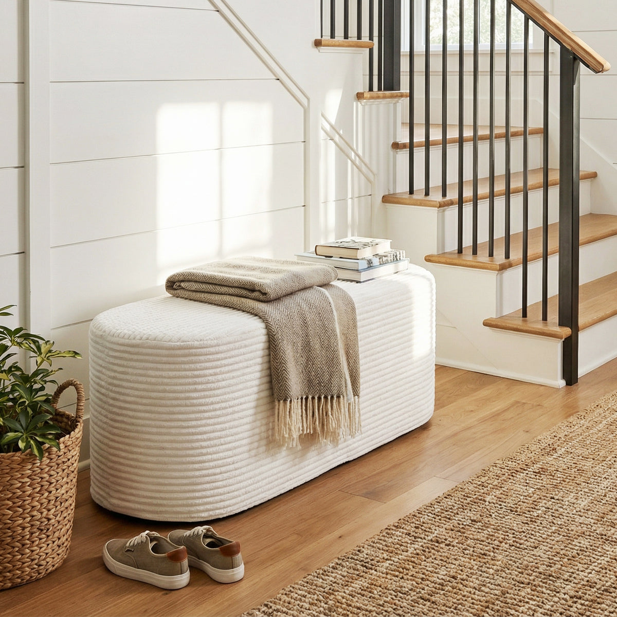 Upholstered Ottoman Bench 120CM Modern End of Bed Stool with Corduroy Fabric-White