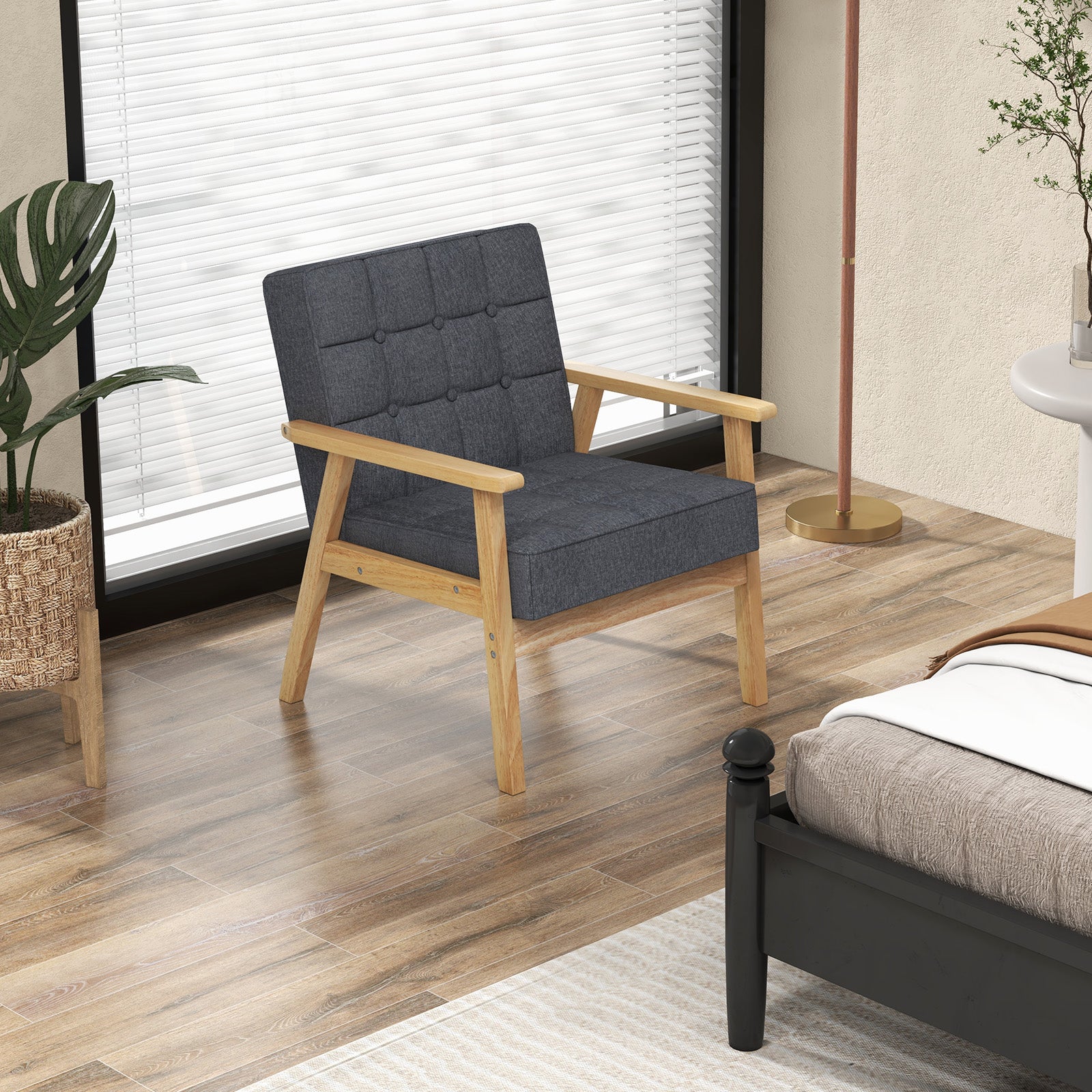 Modern Accent Chair with Rubber Wood Armrests -Grey