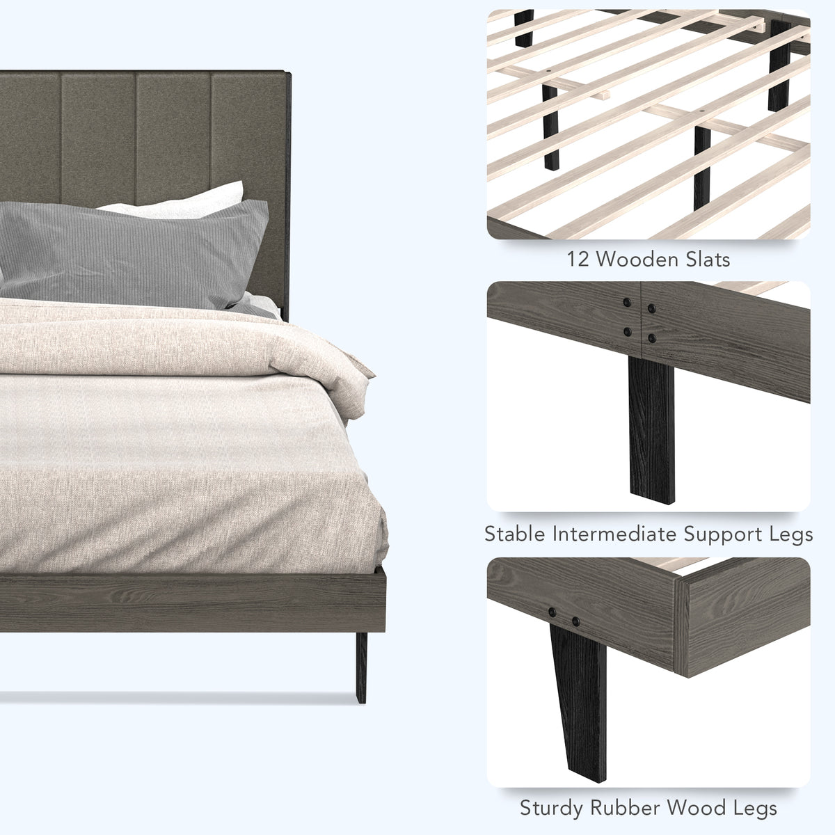 Upholstered Bed Frame Wooden Slats Support Mattress Foundation