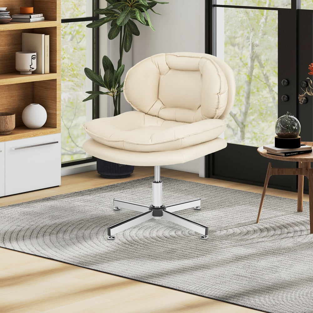 Beige upholstered office chair in a living room with a rug and side table