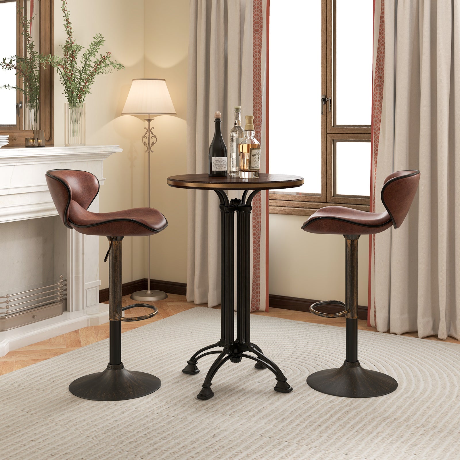 Upholstered Height-adjustable Bar Stools Set of 2 with Backrest and Metal Frame-Rustic Brown