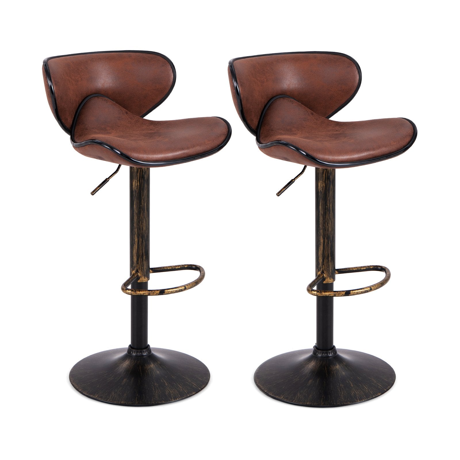 Upholstered Height-adjustable Bar Stools Set of 2 with Backrest and Metal Frame-Rustic Brown