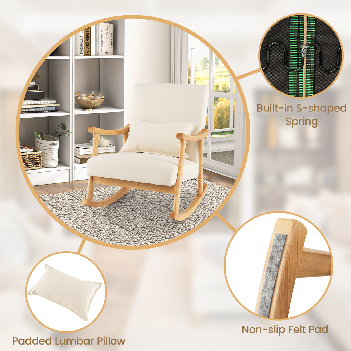 Upholstered Rocking Chair Modern Rocker with Rubber Wood Frame-Beige