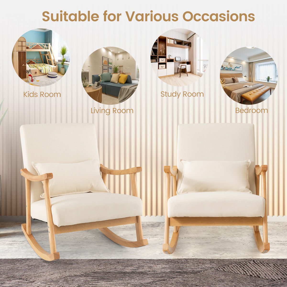 Upholstered Rocking Chair Modern Rocker with Rubber Wood Frame-Beige