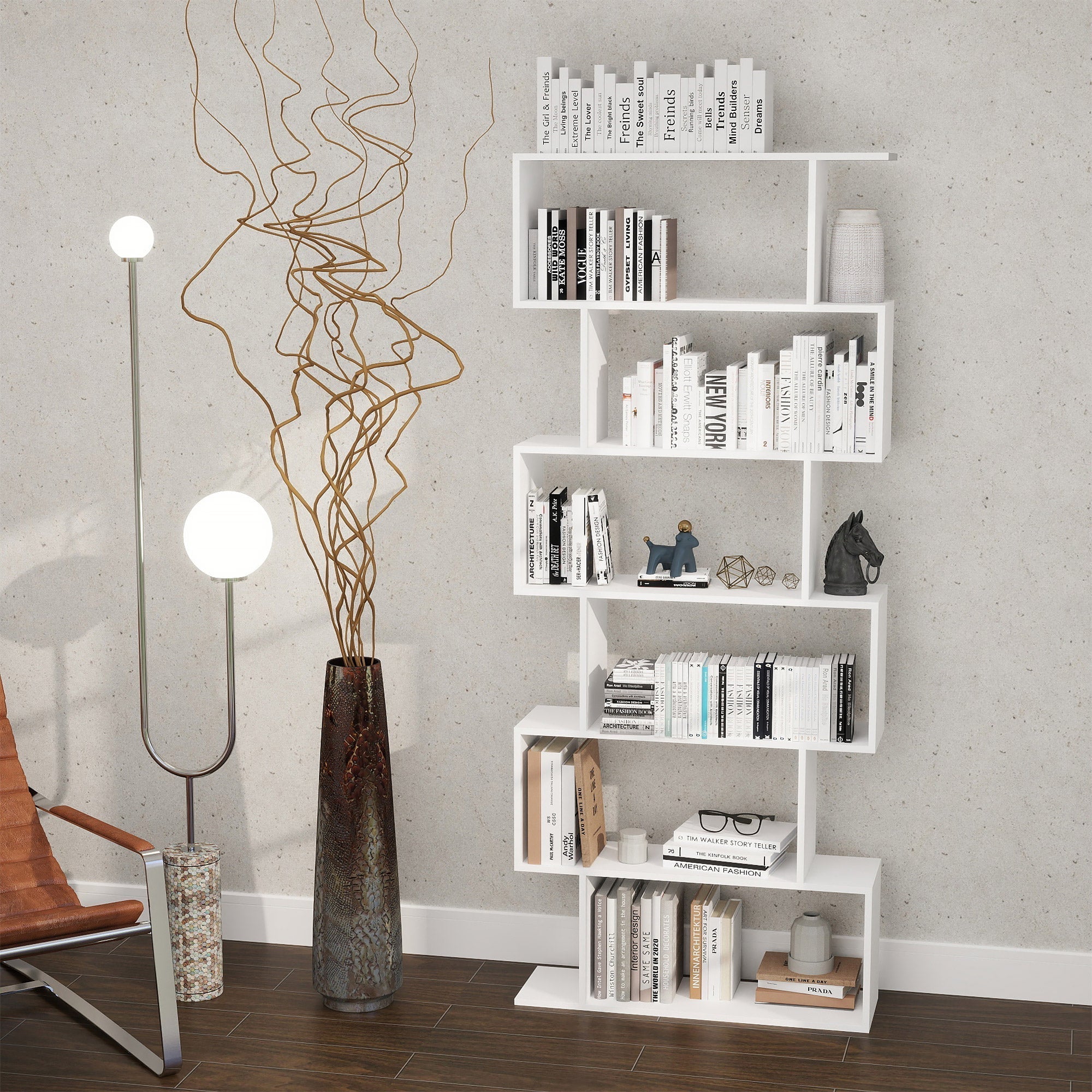 HOMCOM Bookcase, 6 Tier Shelf S Shaped Bookshelf, Storage Unit, Display Shelf for Living Room, Bedroom, Home Office, Plant, White