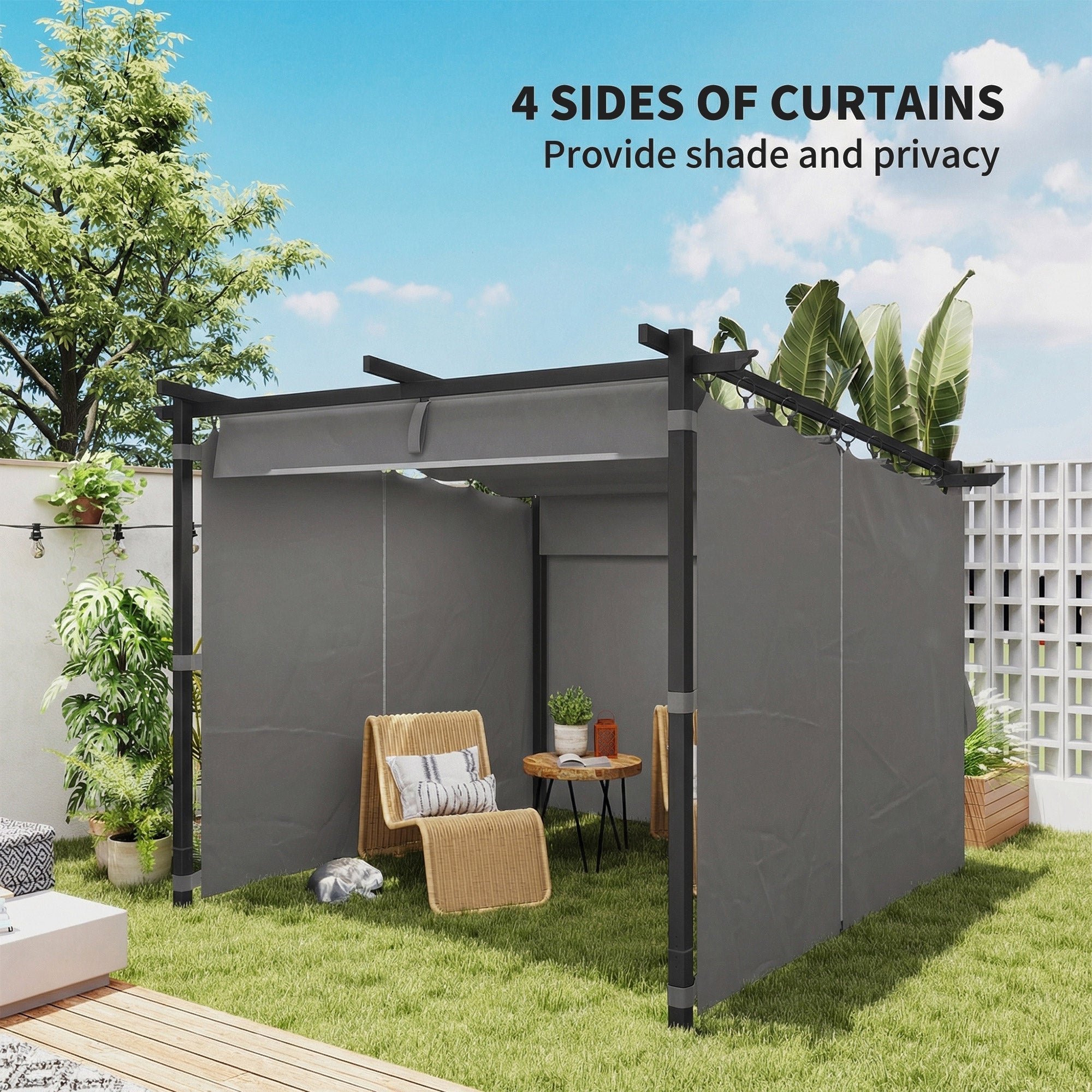 Outsunny 3 x 3 m Retractable Roof Pergola, with Curtains - Light Grey