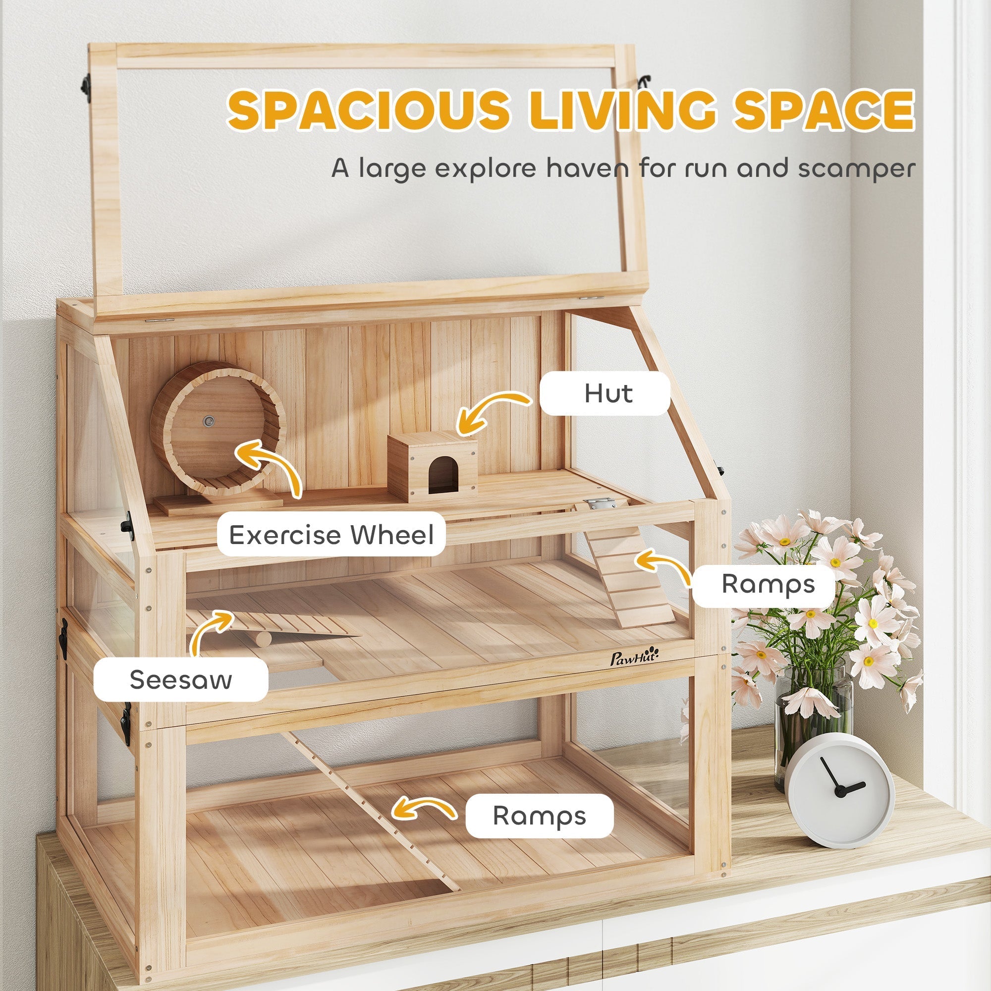 PawHut Wooden Hamster Cage with Detachable 31cm Deep Bottom, Hut, Seesaw, Exercise Wheel, Ramp, 80 x 50 x 76cm, Natural