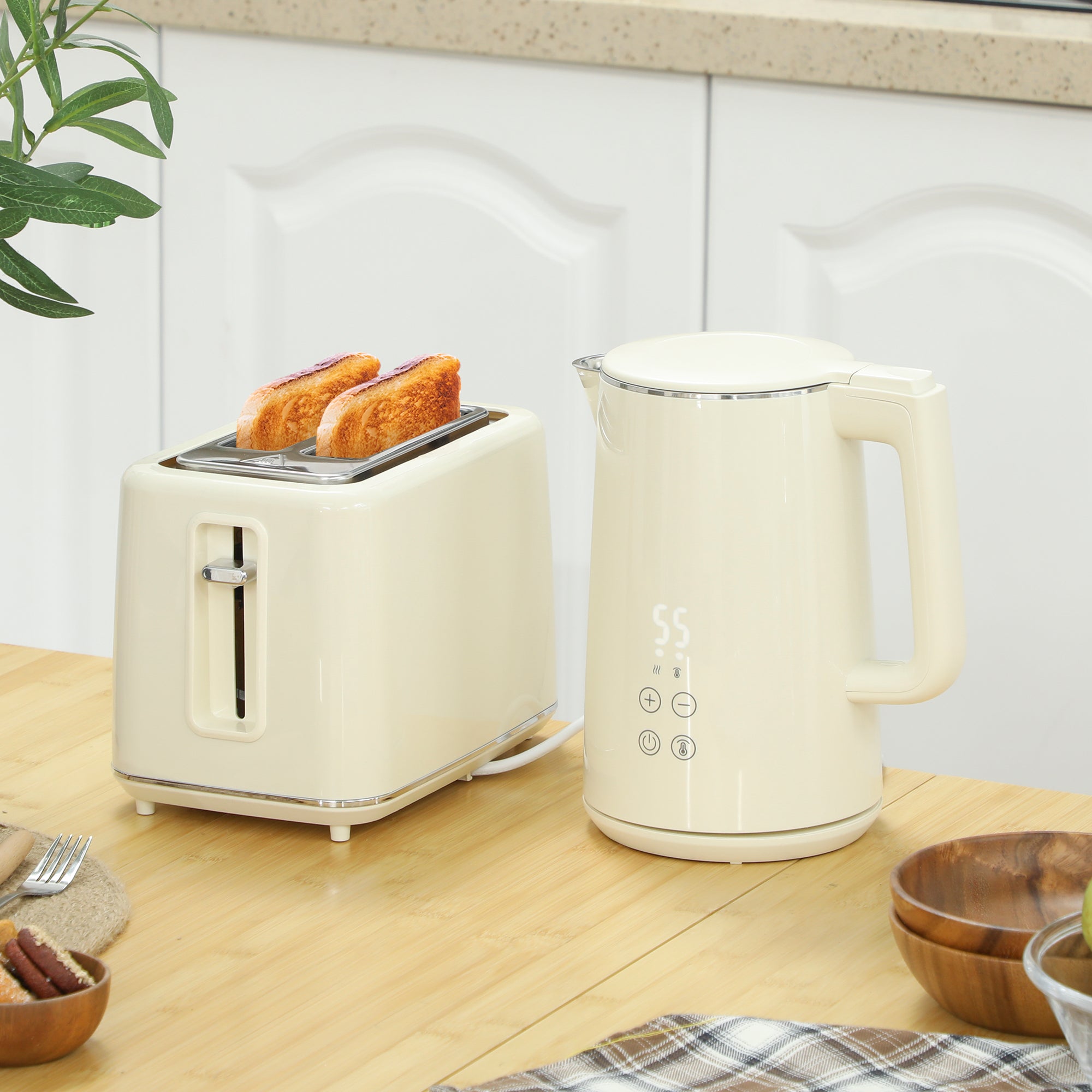 HOMCOM Digital Kettle and Toaster Set, 1.5L 3000W Fast Boil Kettle, 2 Slice Toaster Kitchen Set with 7 Level Browning Controls, Defrost, Reheat, Keep Warm, Crumb Tray and LED Touch Display, Beige