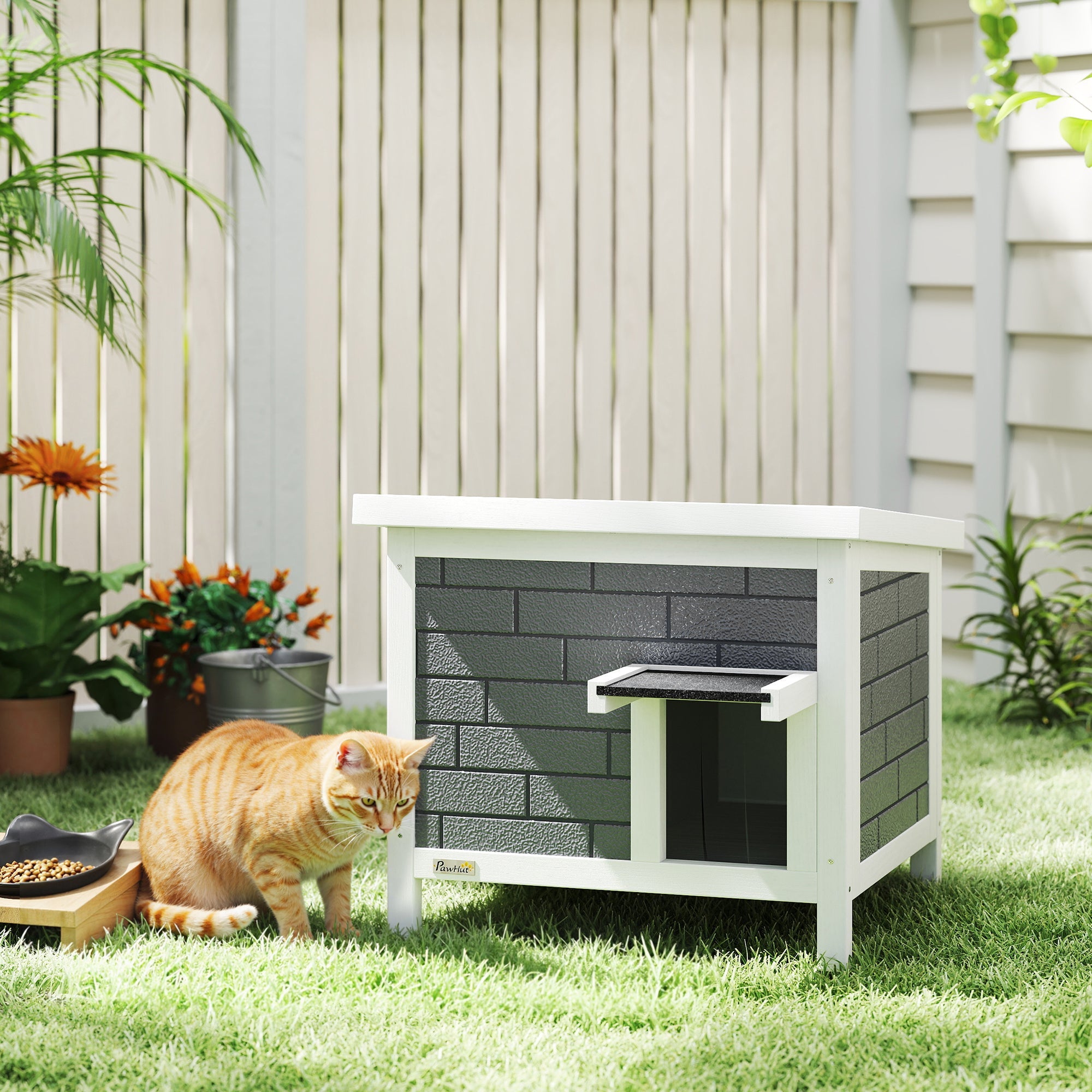 PawHut Outdoor Cat House Insulated with Openable Roof, Weatherproof Feral Cat Shelter for Rabbits, Cats, Grey