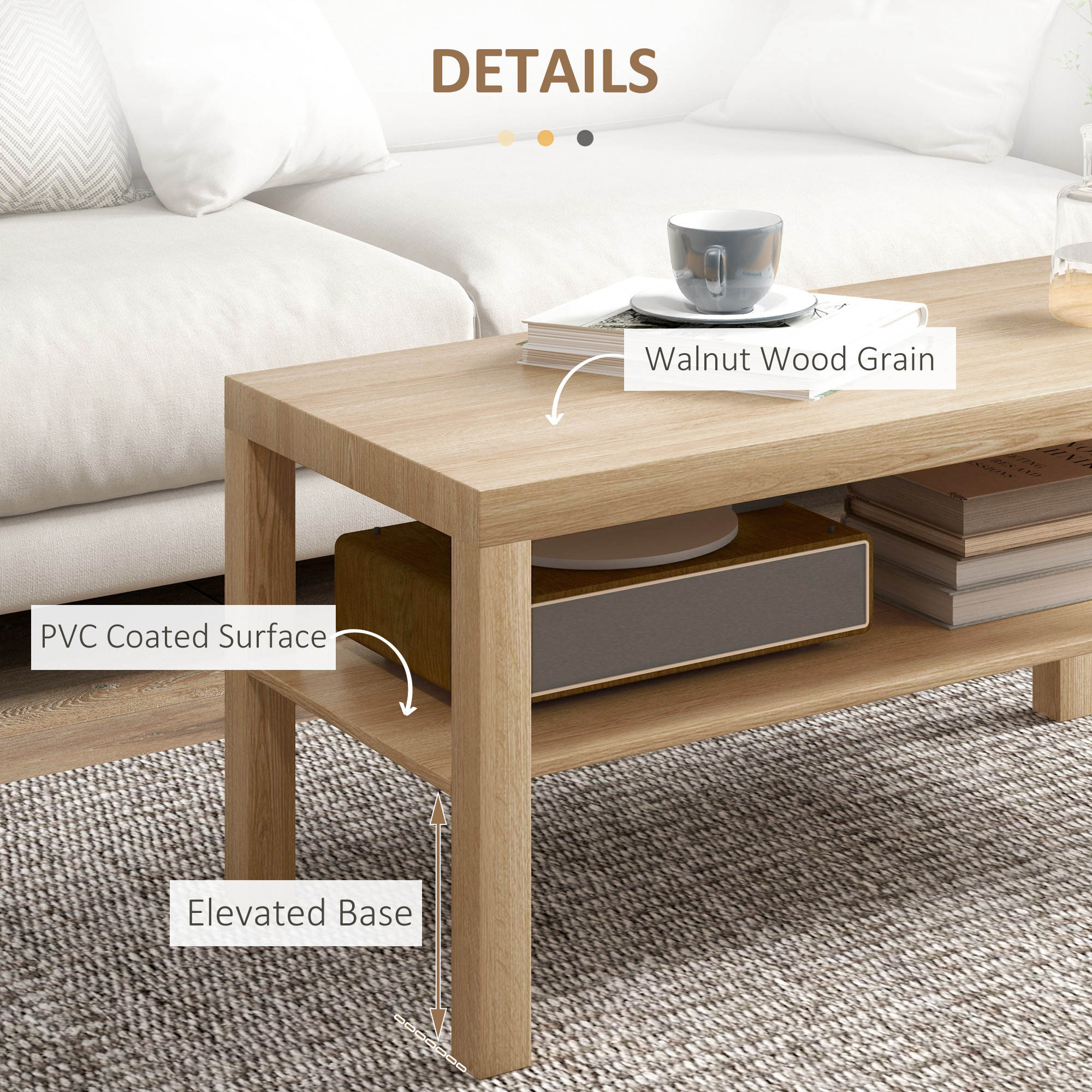 HOMCOM 2-Tier Coffee Table with Storage Shelf, Rectangular Centre Table for Living Room, Home Office, Natural Wood Finish